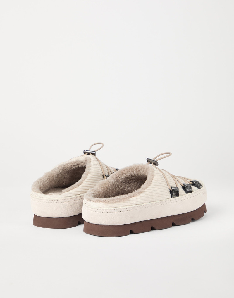 Brunello Cucinelli Suede and corduroy mountain slippers with shearling lining and shiny eyelets outlook