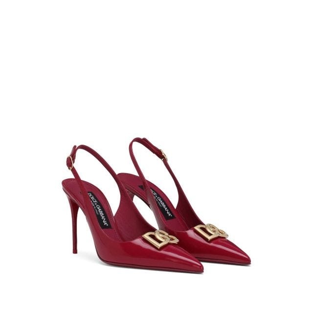 Glossy red slingback pumps with gold logo - 2