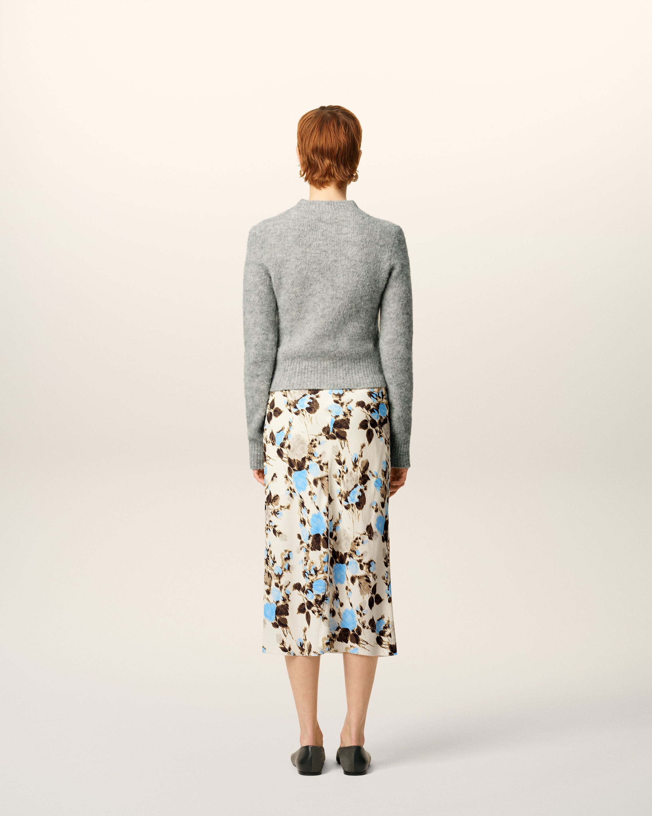 BLUE FLOWER PRINTED  RAW EDGES DETAILS MIDI SKIRT - 4