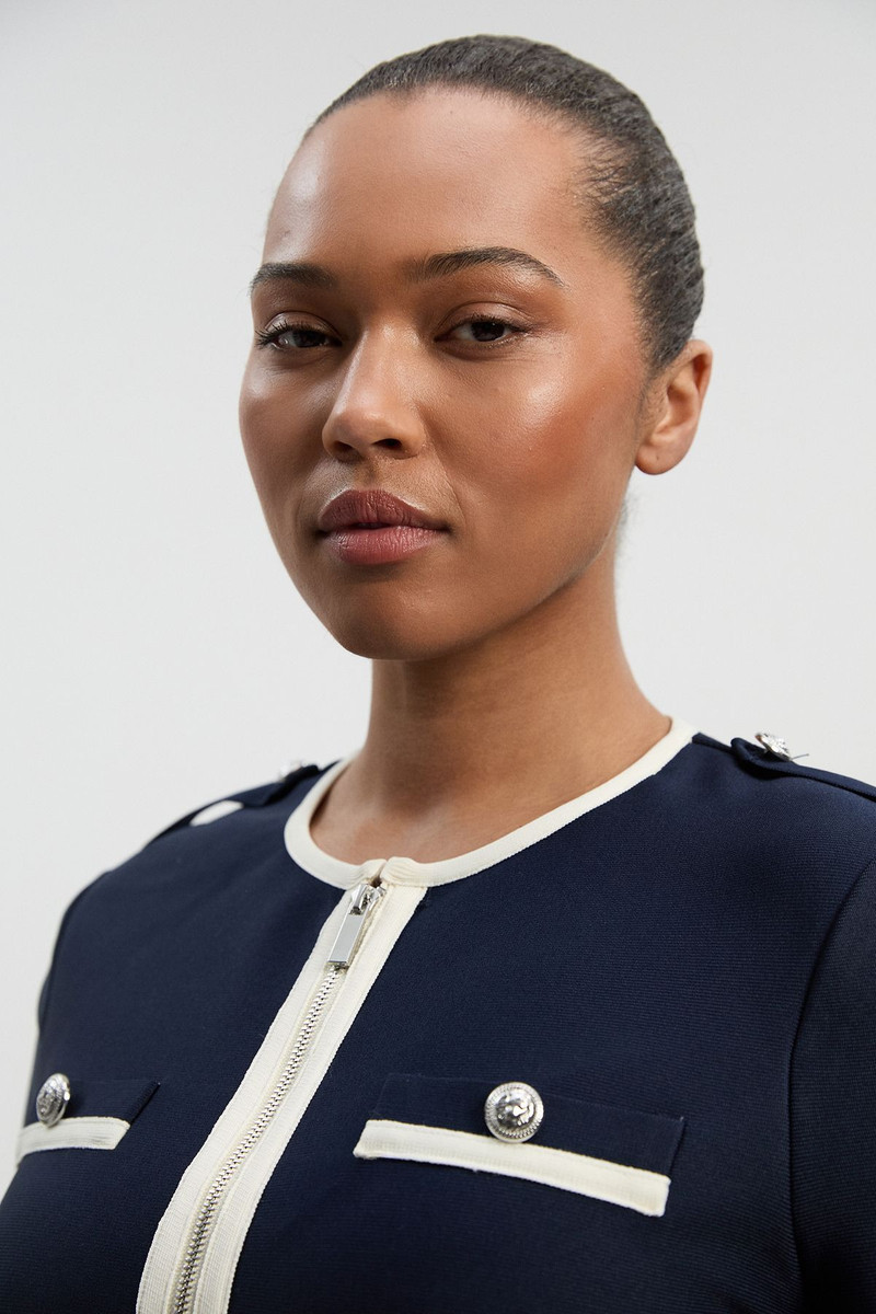 KAREN MILLEN Plus Size Figure Form Bandage Military Contrast Piping Knit Split Hem Jacket outlook