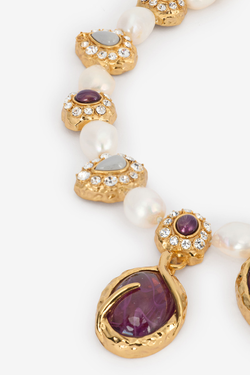 Golden Necklace With Pearls And Amethyst-Effect Stones 4