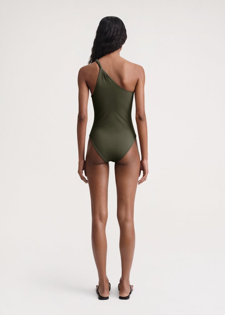 Twist-strap one-shoulder swimsuit faded olive - 4