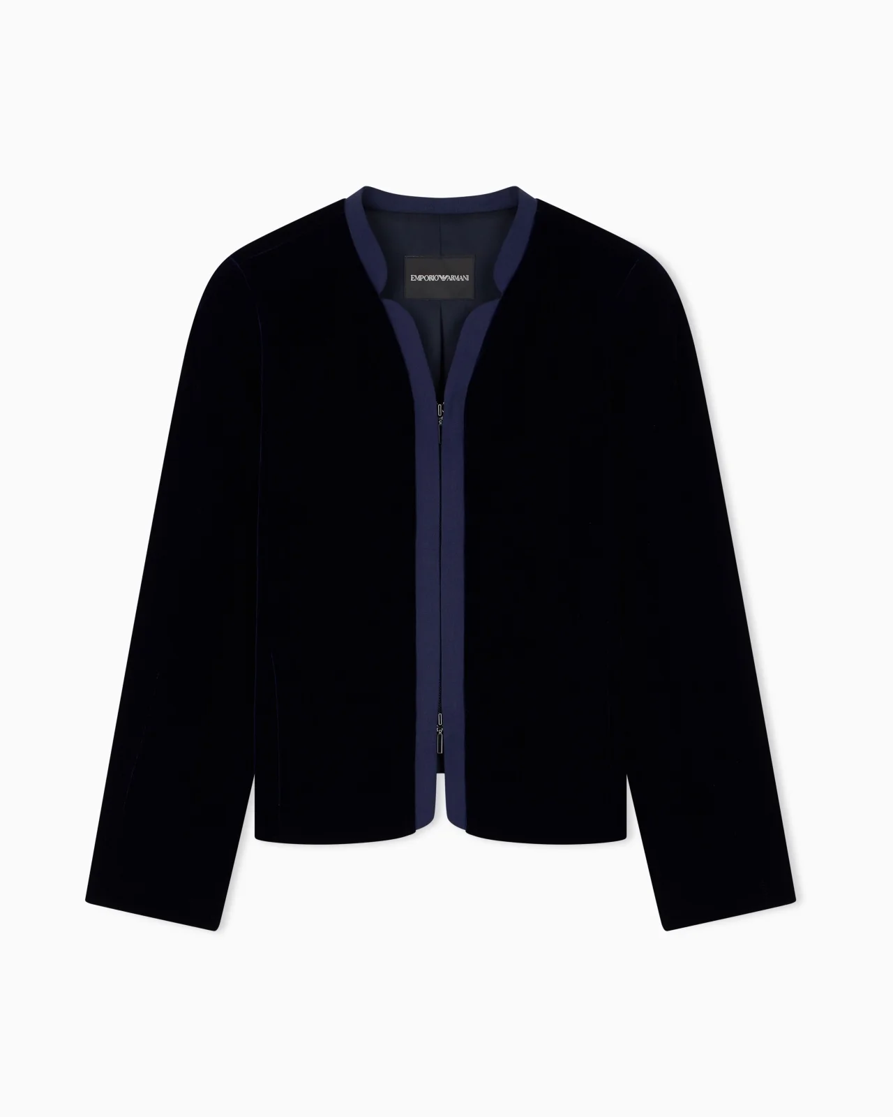 COLLARLESS VELVET BLAZER WITH FRONT ZIP AND REGULAR FIT - 1