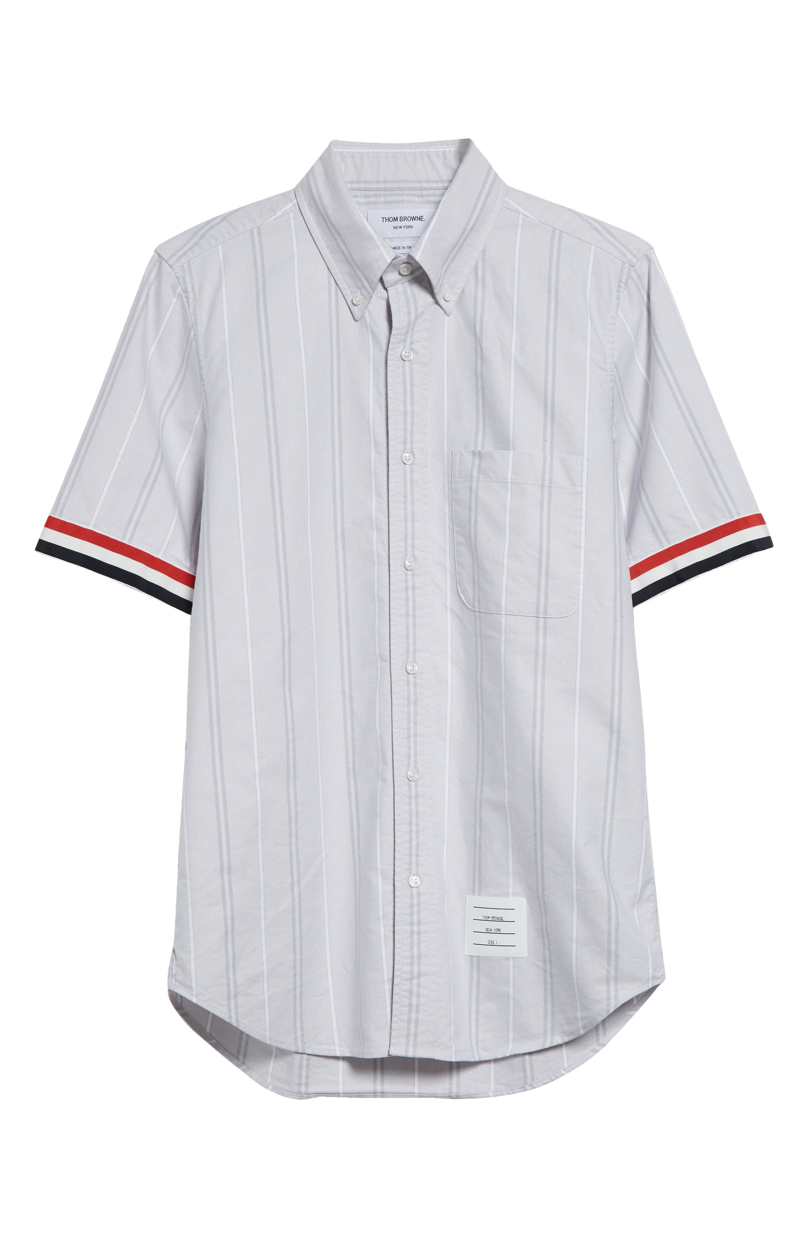 Thom Browne Straight Fit Stripe Short Sleeve Cotton Button-Down Shirt in Medium Grey at Nordstrom - 5