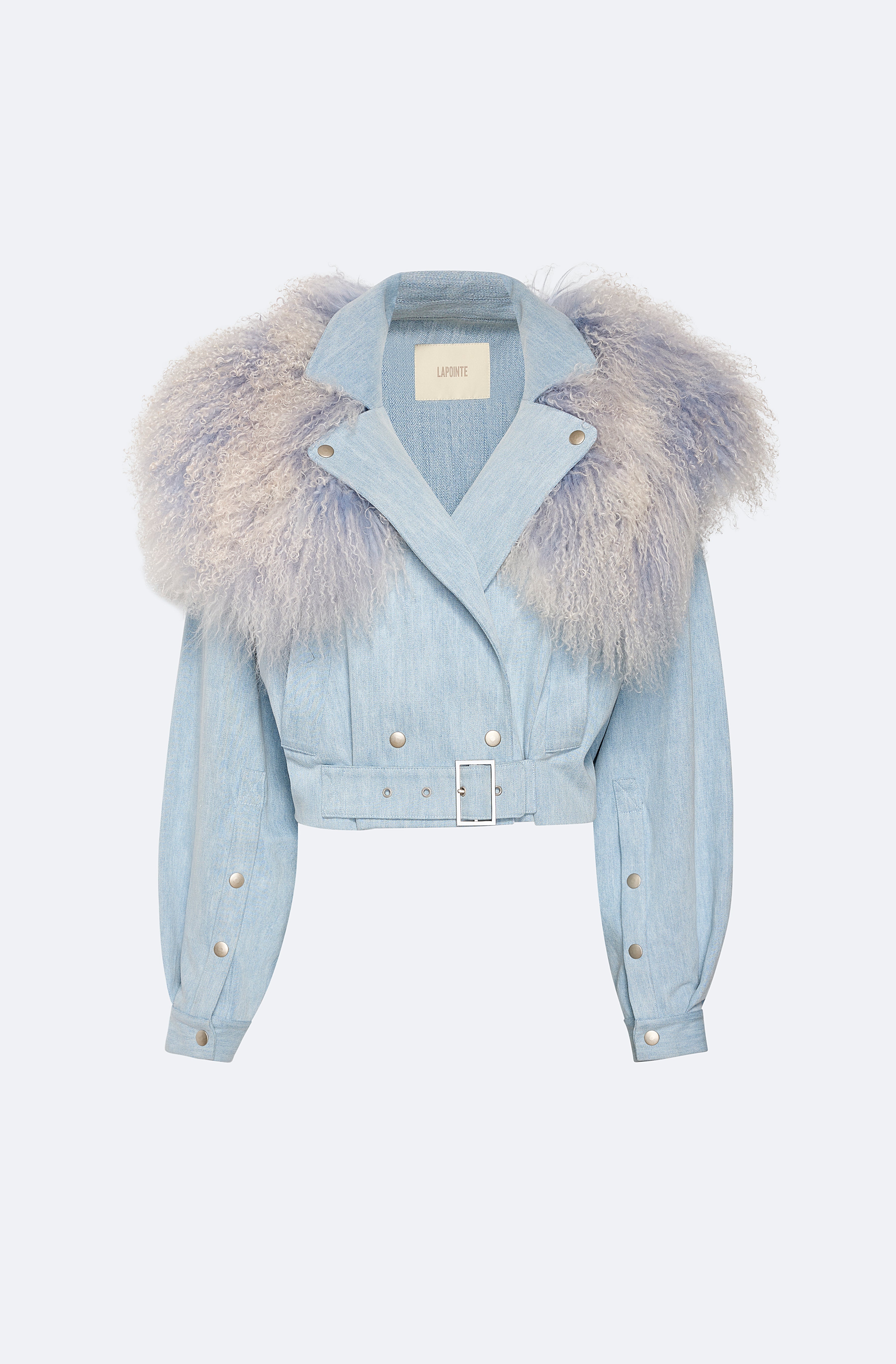 Washed Denim Biker Jacket With Shearling Collar - 1