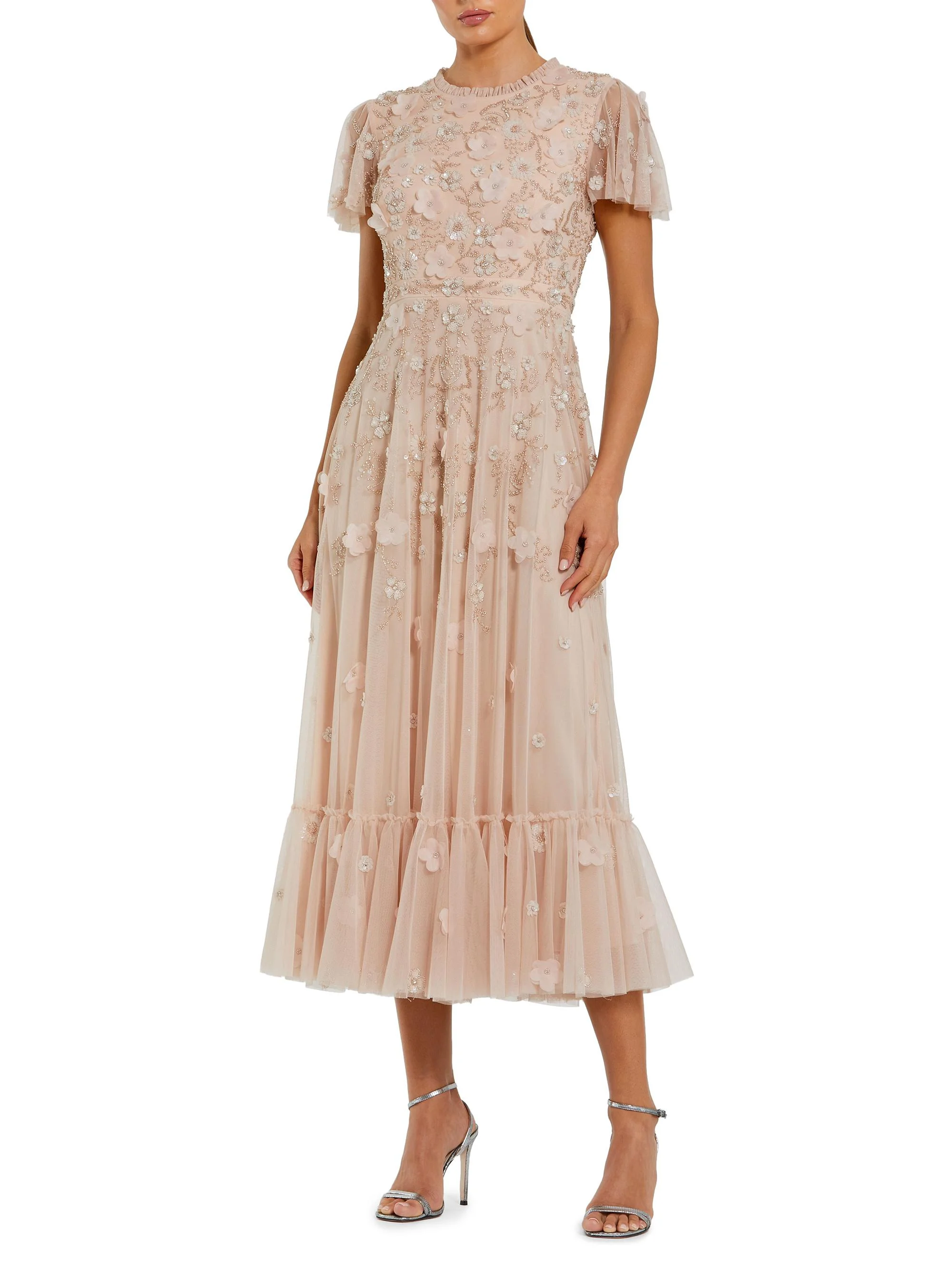 Women's Sequined Floral Tulle Midi-Dress - Blush - 1