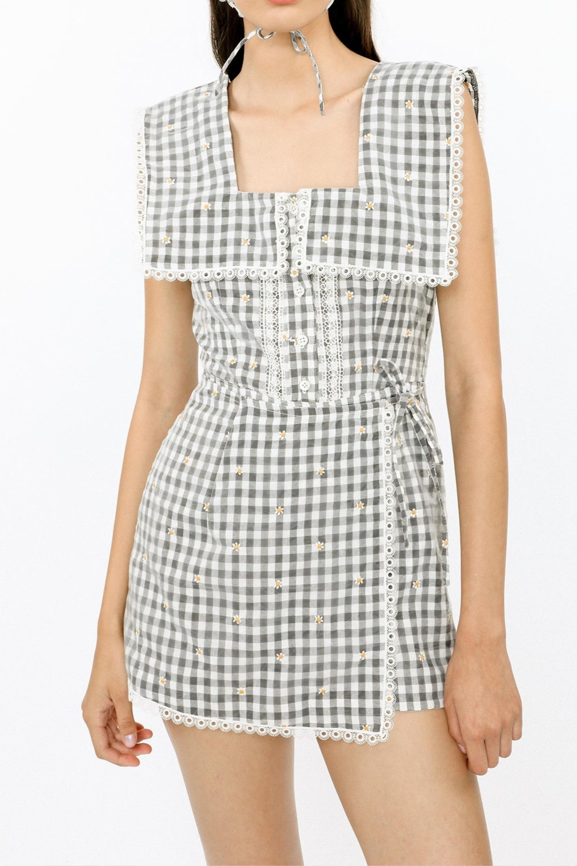 Anna Sui Daisy Embroidery On Gingham Romper in Black Multi at Nordstrom - 4