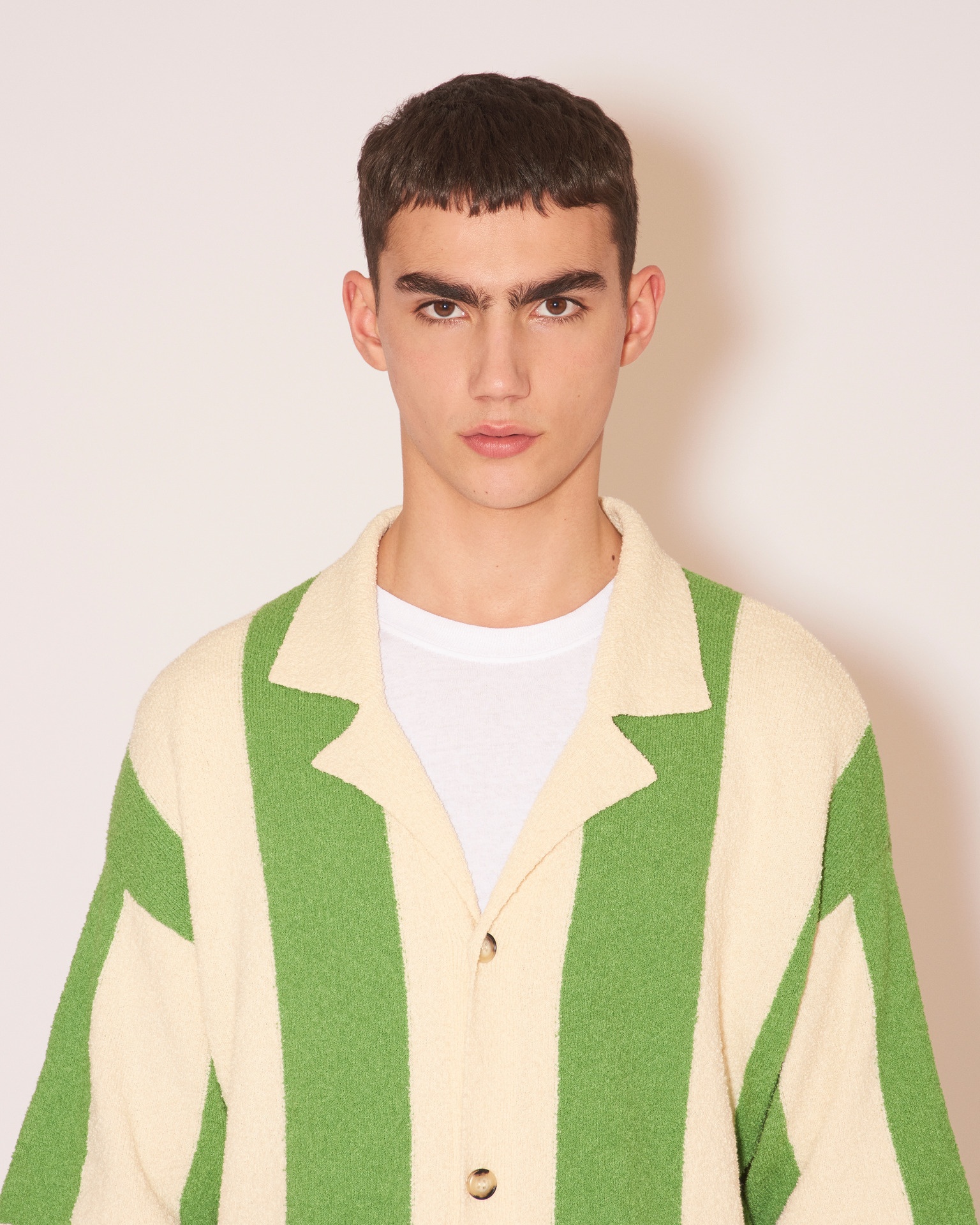 JEFF - Terry-knit button-down knit - Creme/green - 6