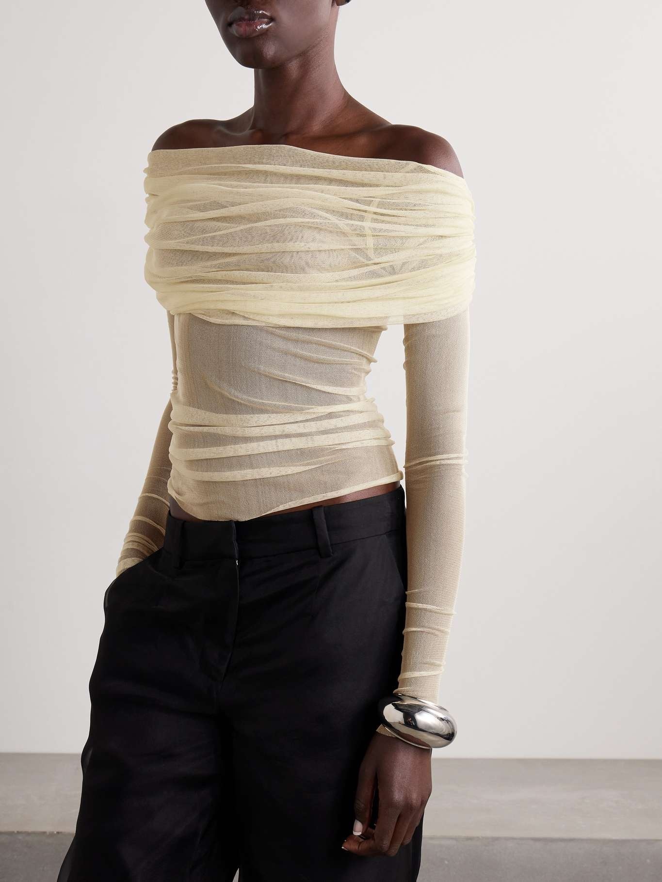 Off-the-shoulder gathered silk-tulle top - 3