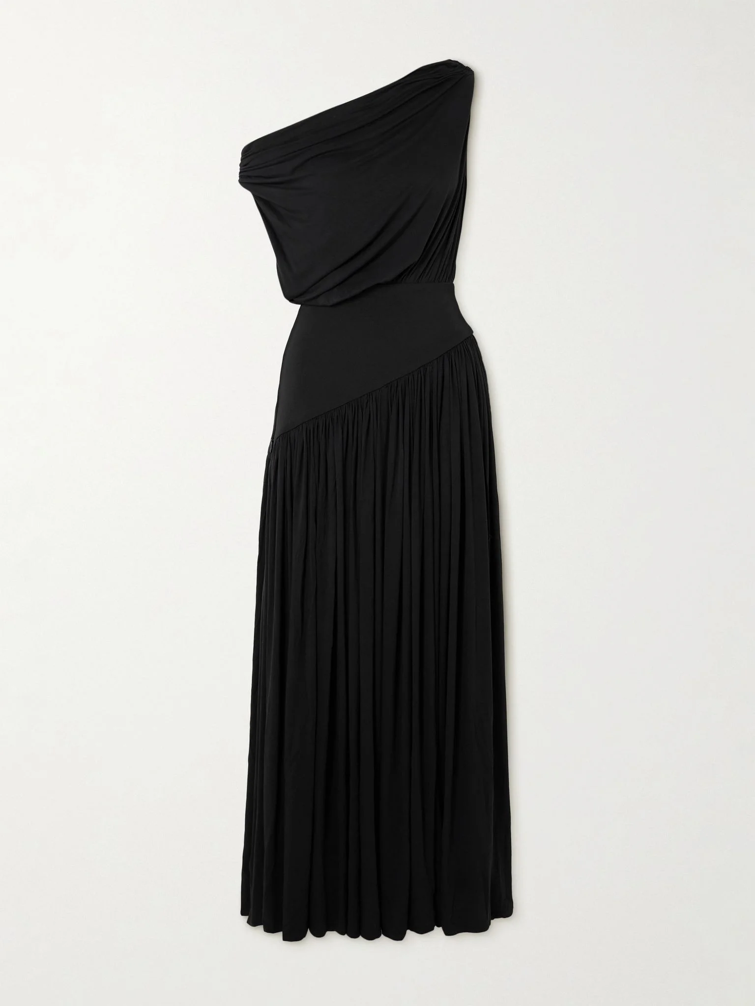 One-shoulder asymmetric draped jersey-trimmed stretch-bamboo maxi dress Black - 1