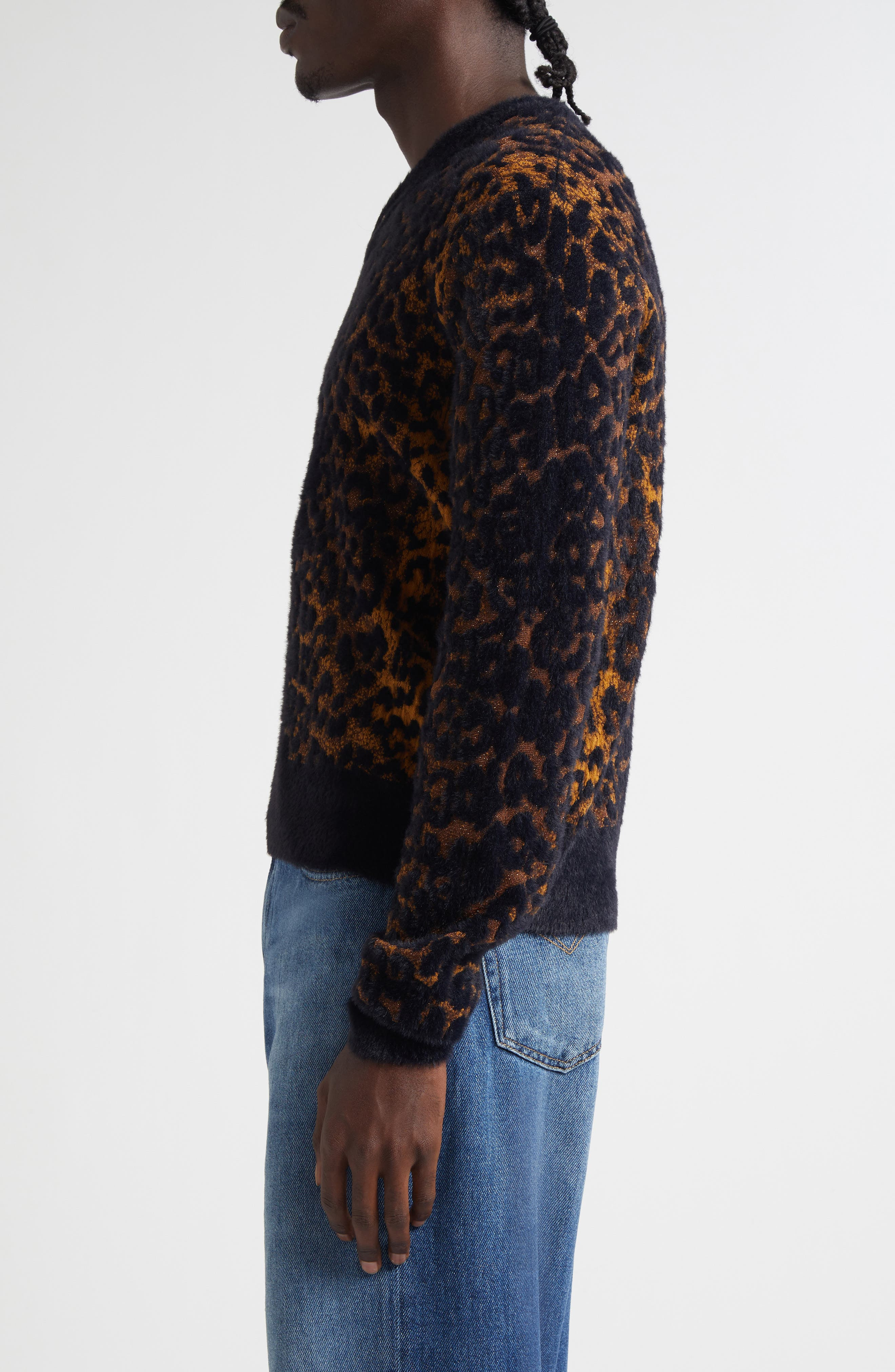 Versace Leopard Jacquard Cardigan in Golden Brown/Black at Nordstrom - 4
