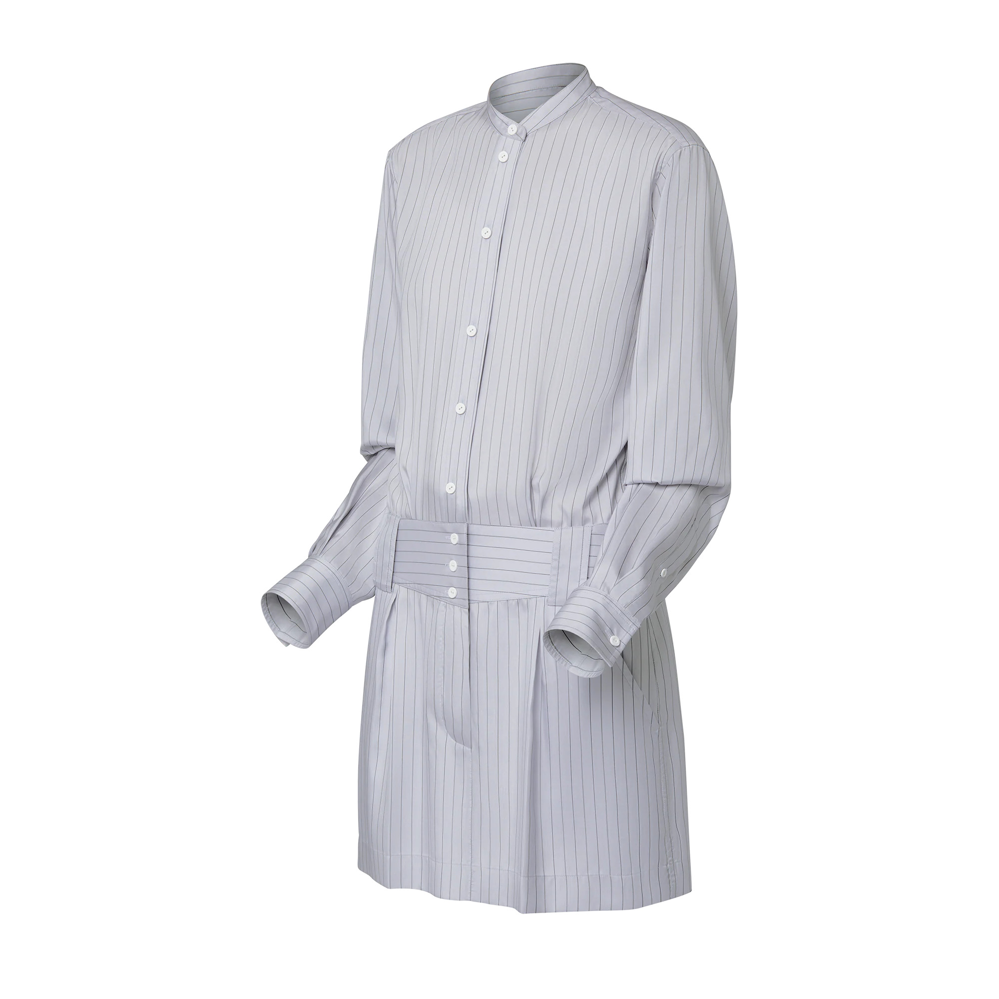 Collarless Pinstripe Silk Shirt Dress - 2
