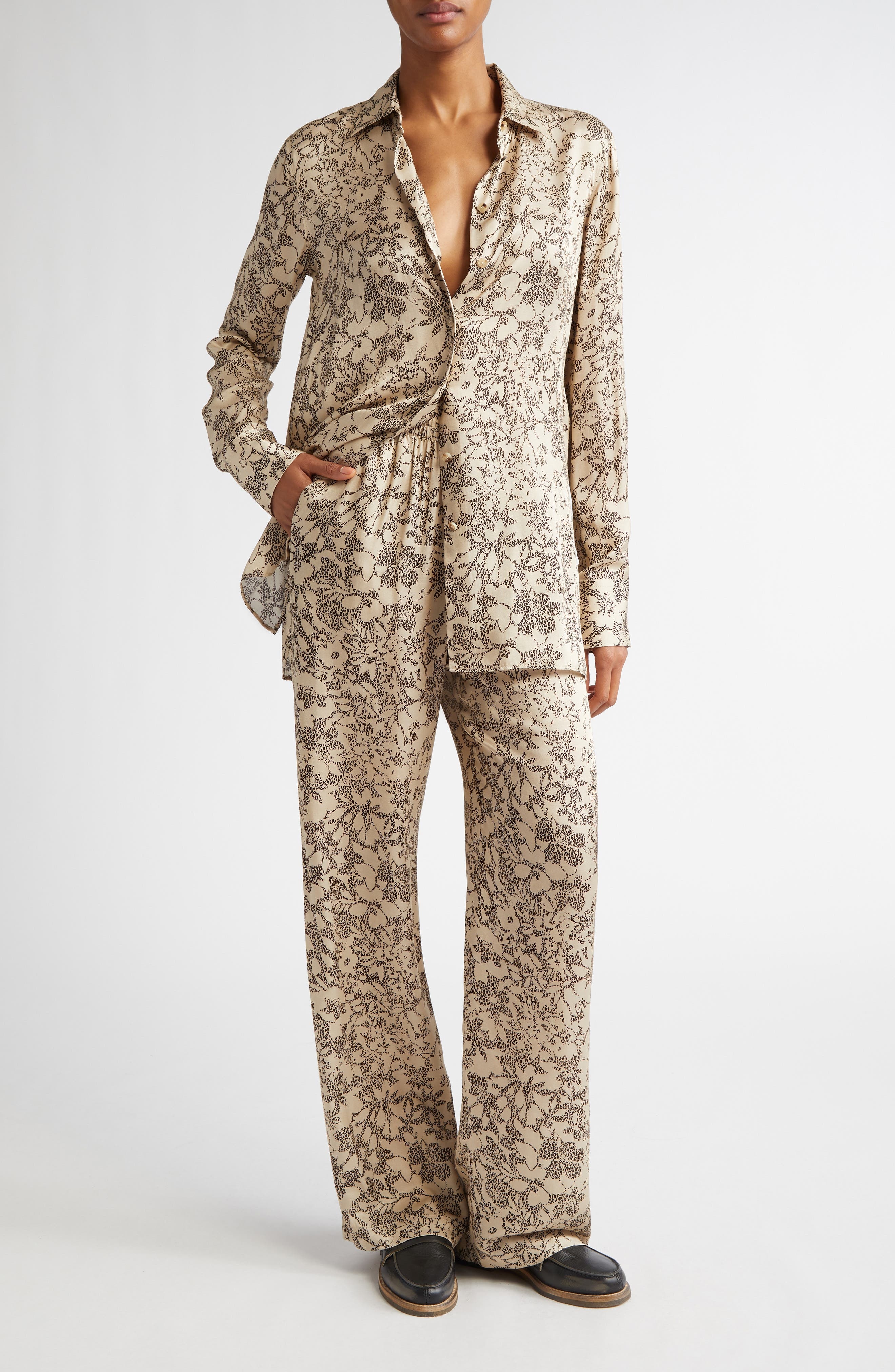 Golden Goose Floral Print Silk Blend Pajama Pants in Safari/Black at Nordstrom - 2
