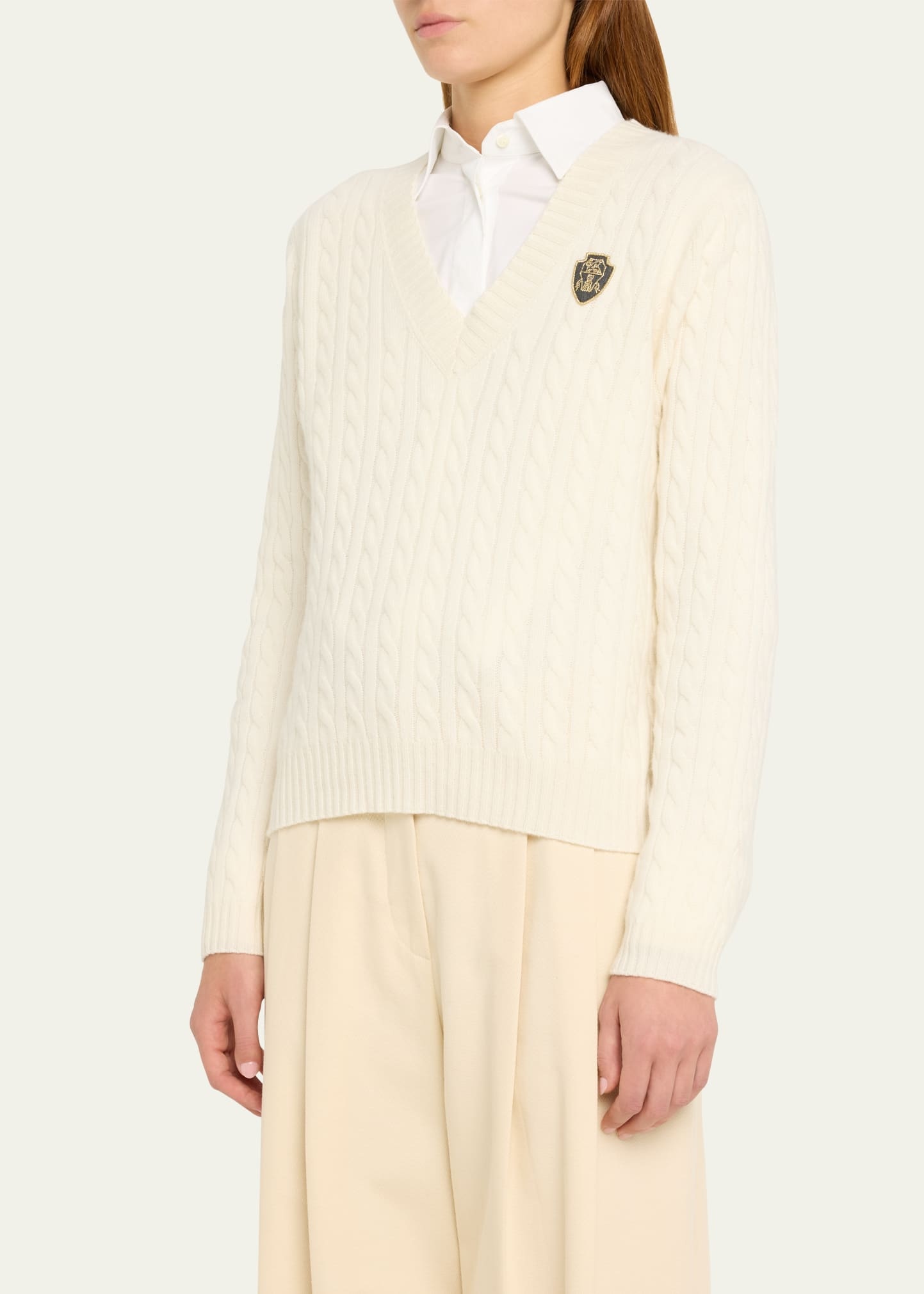 Cashmere Cable-Knit Sweater with Crest Embroidery - 4