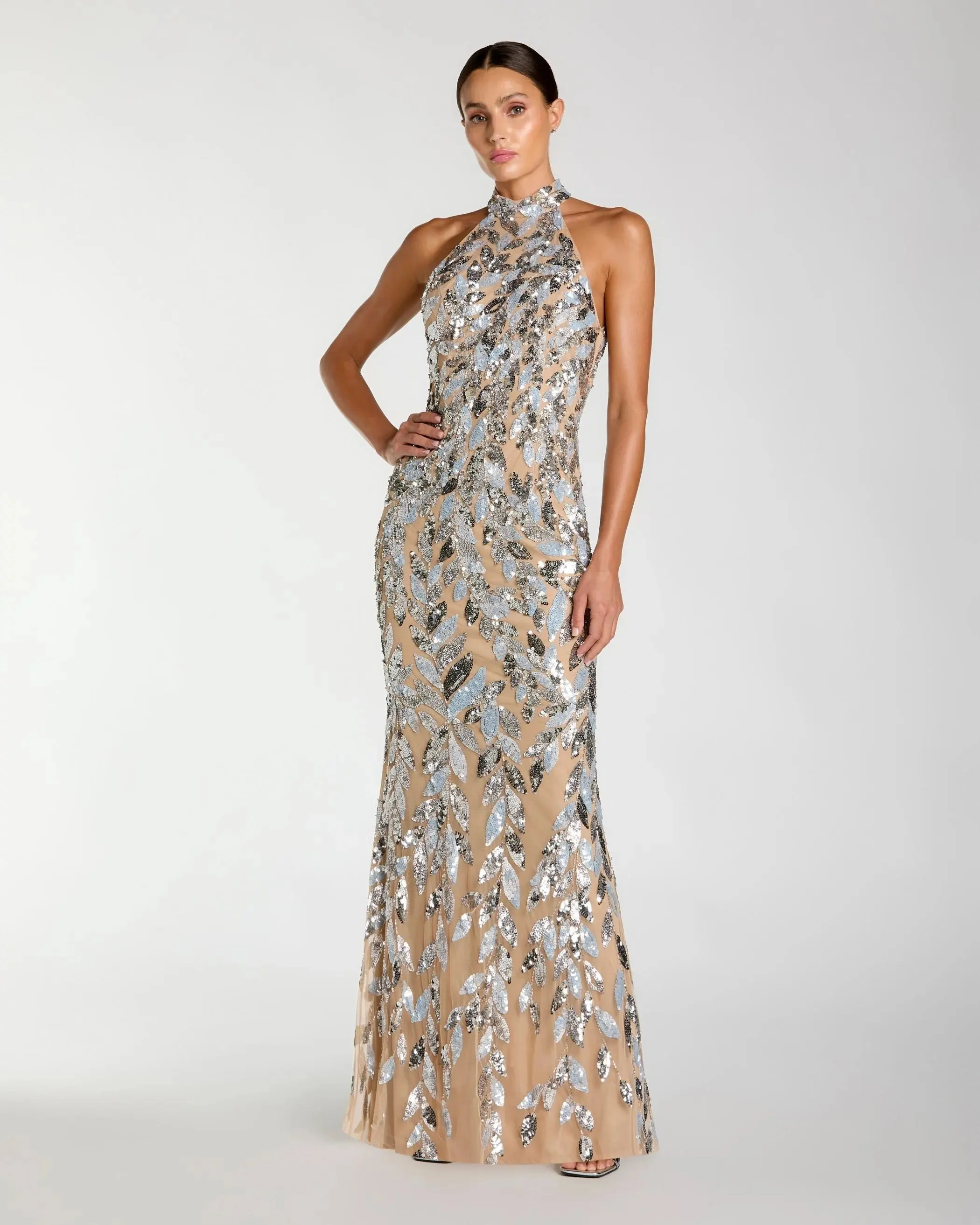 Silver Sequin Halter Neck Backless Column Gown - 1