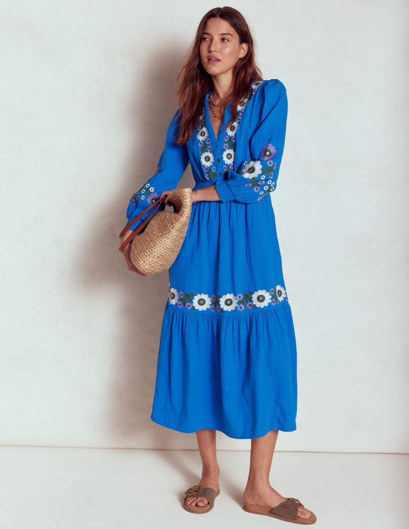 Elena Double Cloth Midi Dress-Blue Embroidery 7
