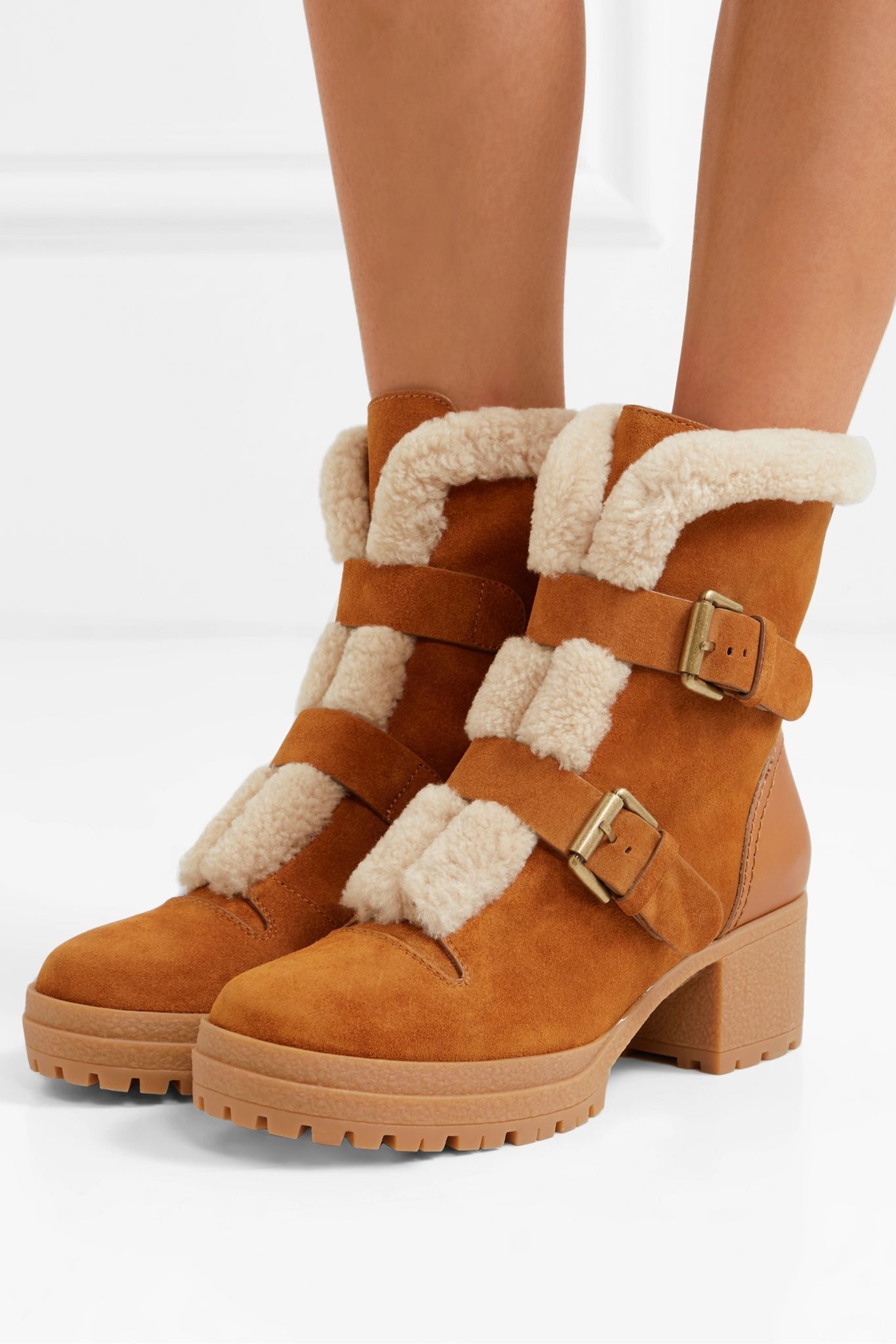 Shearling-trimmed suede and leather ankle boots - 2