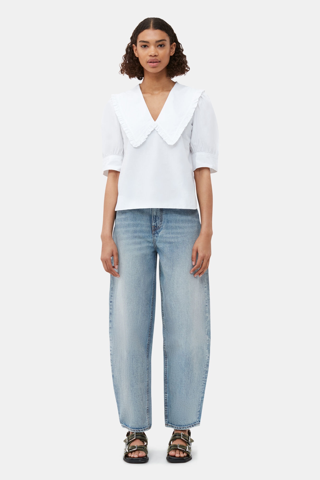WHITE COTTON POPLIN V-NECK RUFFLE BLOUSE - 3
