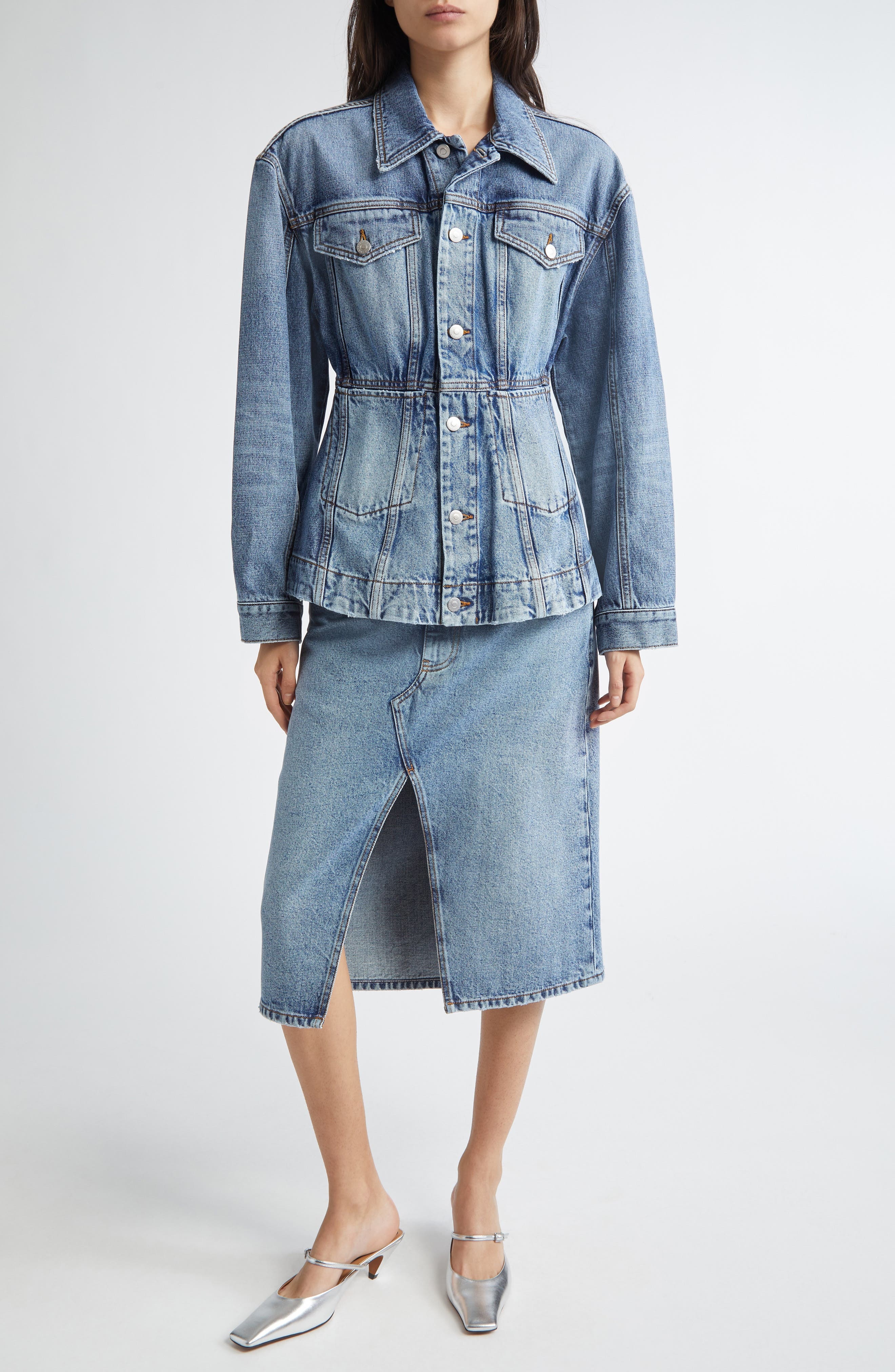Stella McCartney Mixed Wash Denim Fitted Jacket in Two Tonal Denim Wash at Nordstrom - 2