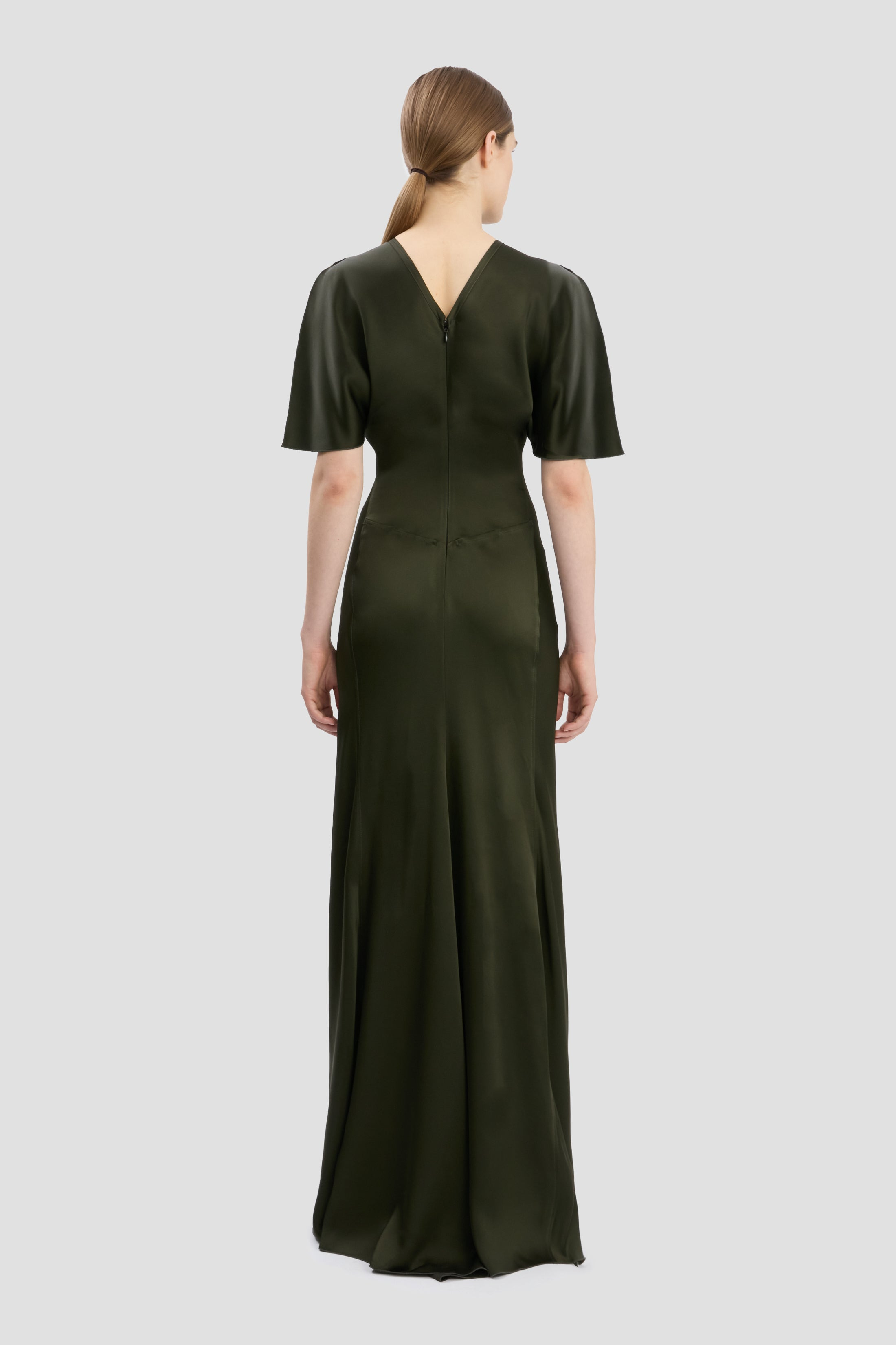 Gathered Waist Floor-Length Dress In Dark Olive - 5