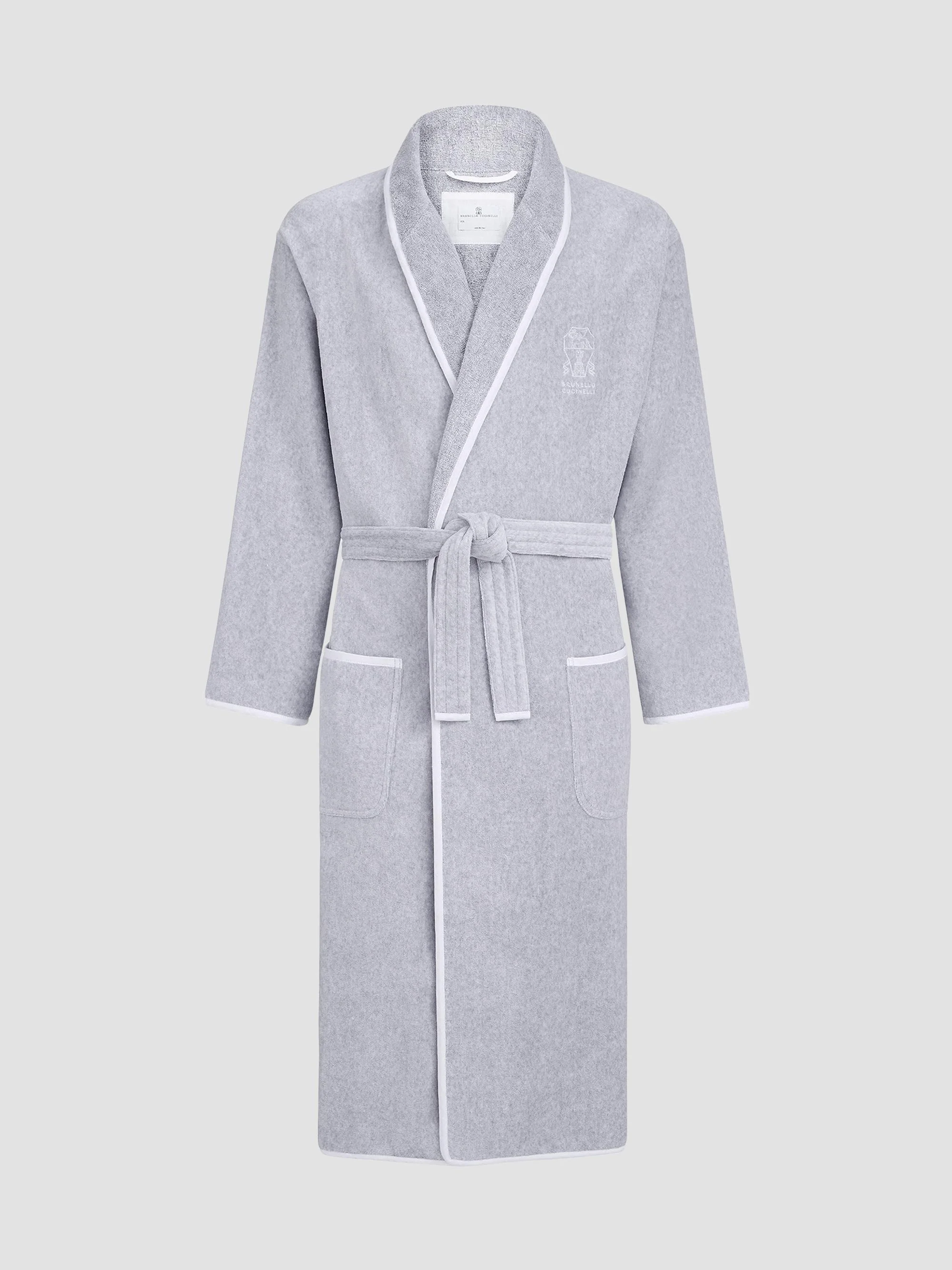 Women's Cotton Terrycloth Bathrobe with Linen Trims - Medium Grey - 1