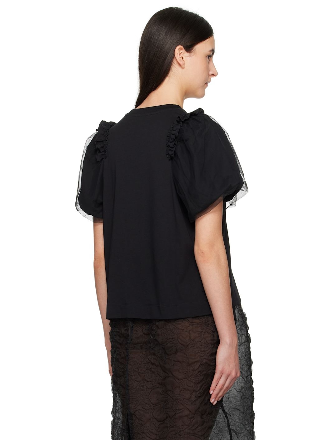 Black Tulle Overlay Puff Sleeve Frill T-shirt - 3