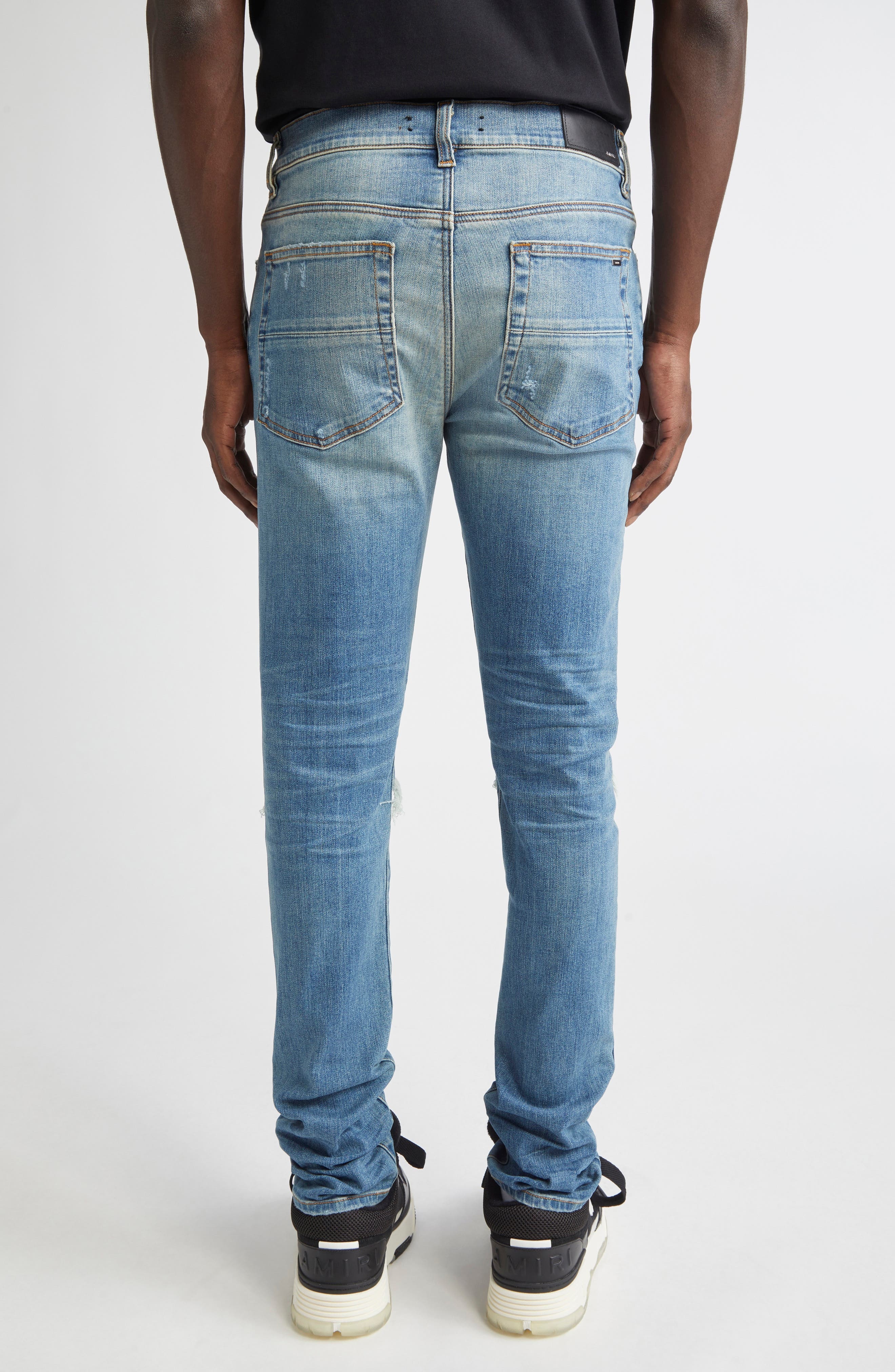 AMIRI MX1 Leather Patch Ripped Skinny Jeans in Dark Indigo at Nordstrom - 3