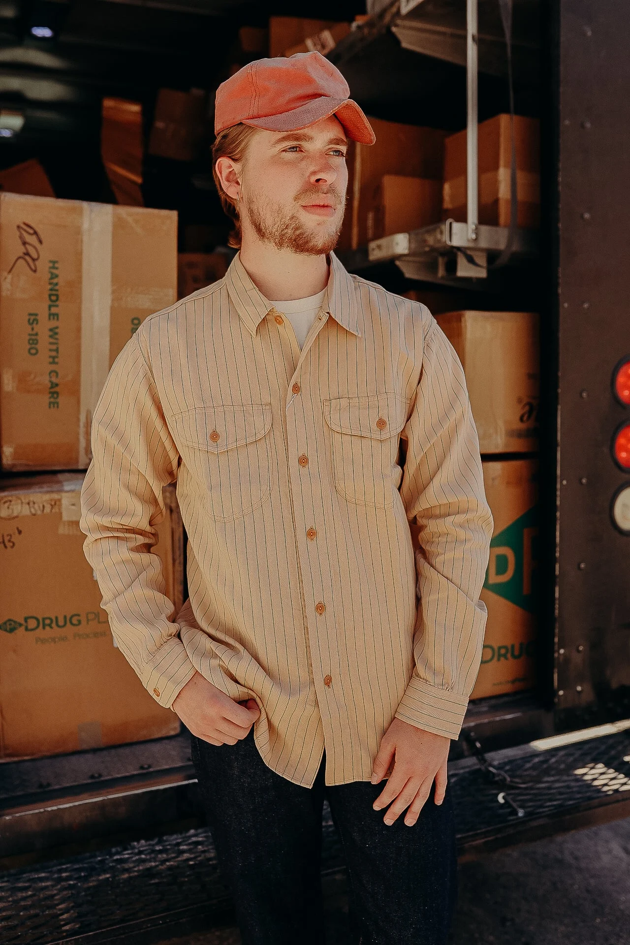 SC28652 SUGAR CANE COKE STRIPE LONG SLEEVE WORK SHIRT BEIGE - 1