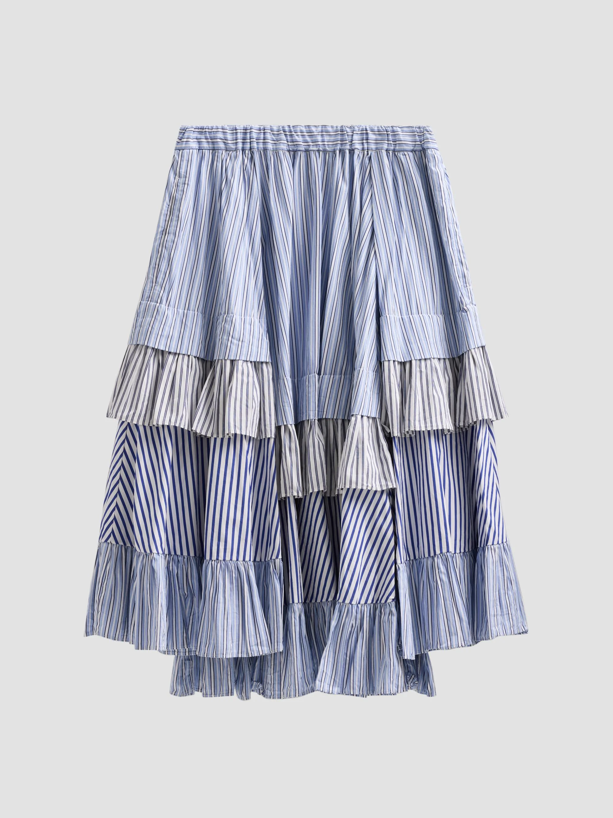 Women's Draped Striped Cotton Skirt - Blue White - 1