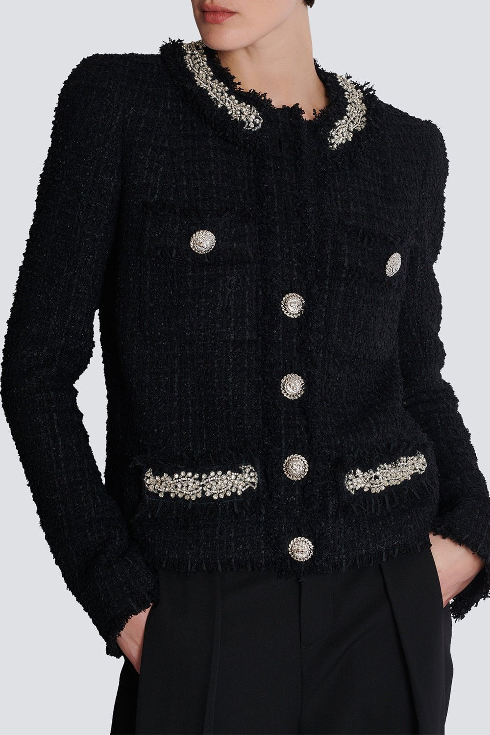 Embellished Collarless Side To Side Jacket - 5