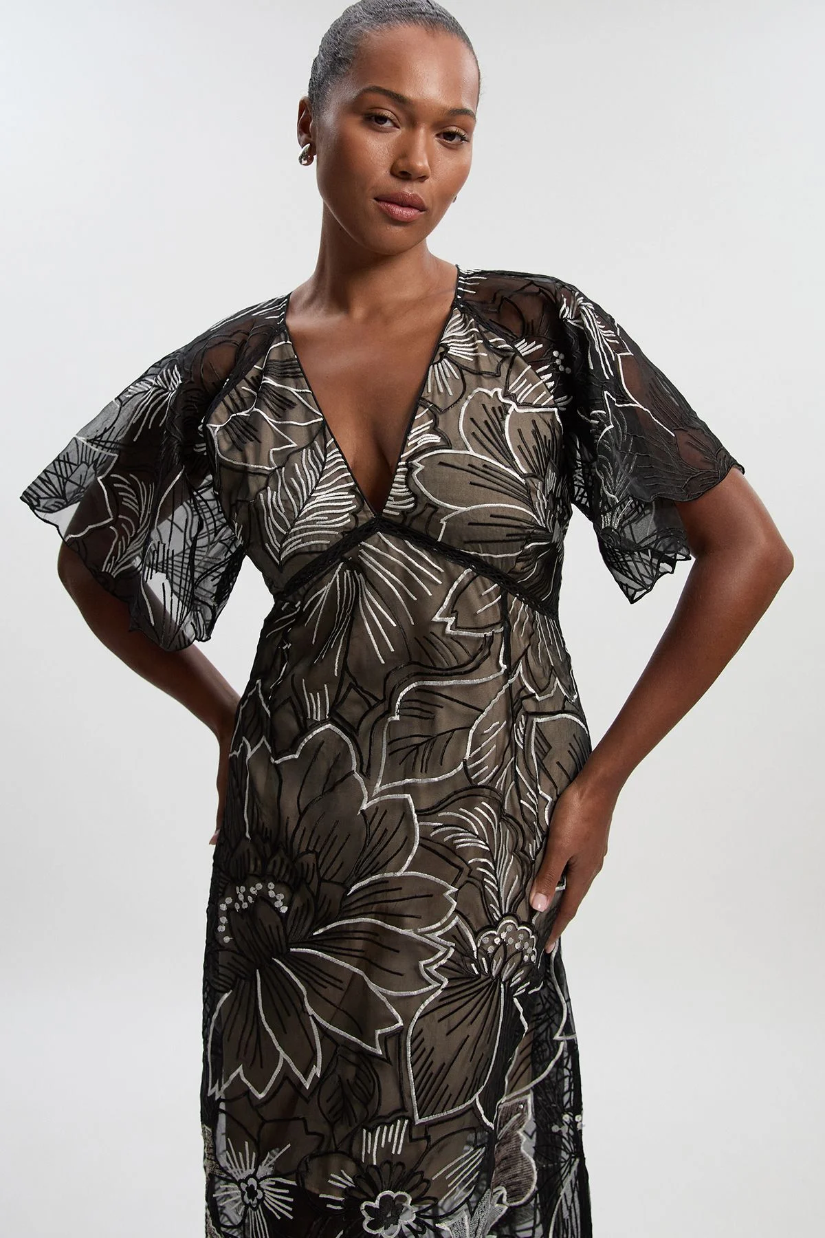 Plus Size Hand Embroidered And Sequin Organdie Deep V Woven Maxi Dress - 1