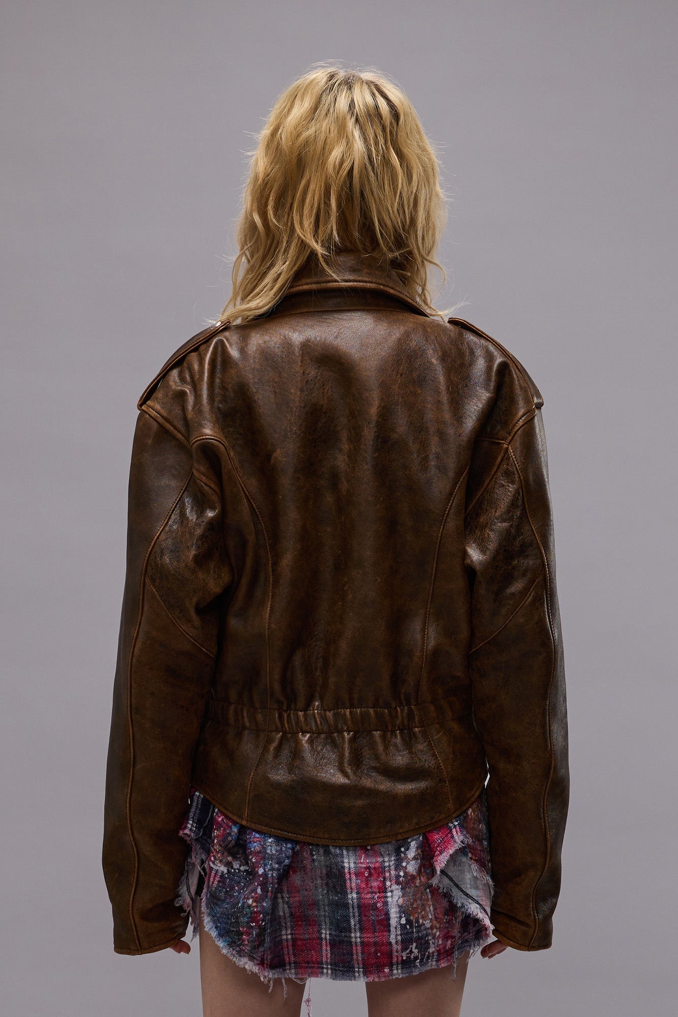 R13 EXAGGERATED SHOULDER MOTORCYCLE JACKET - BROWN LEATHER
