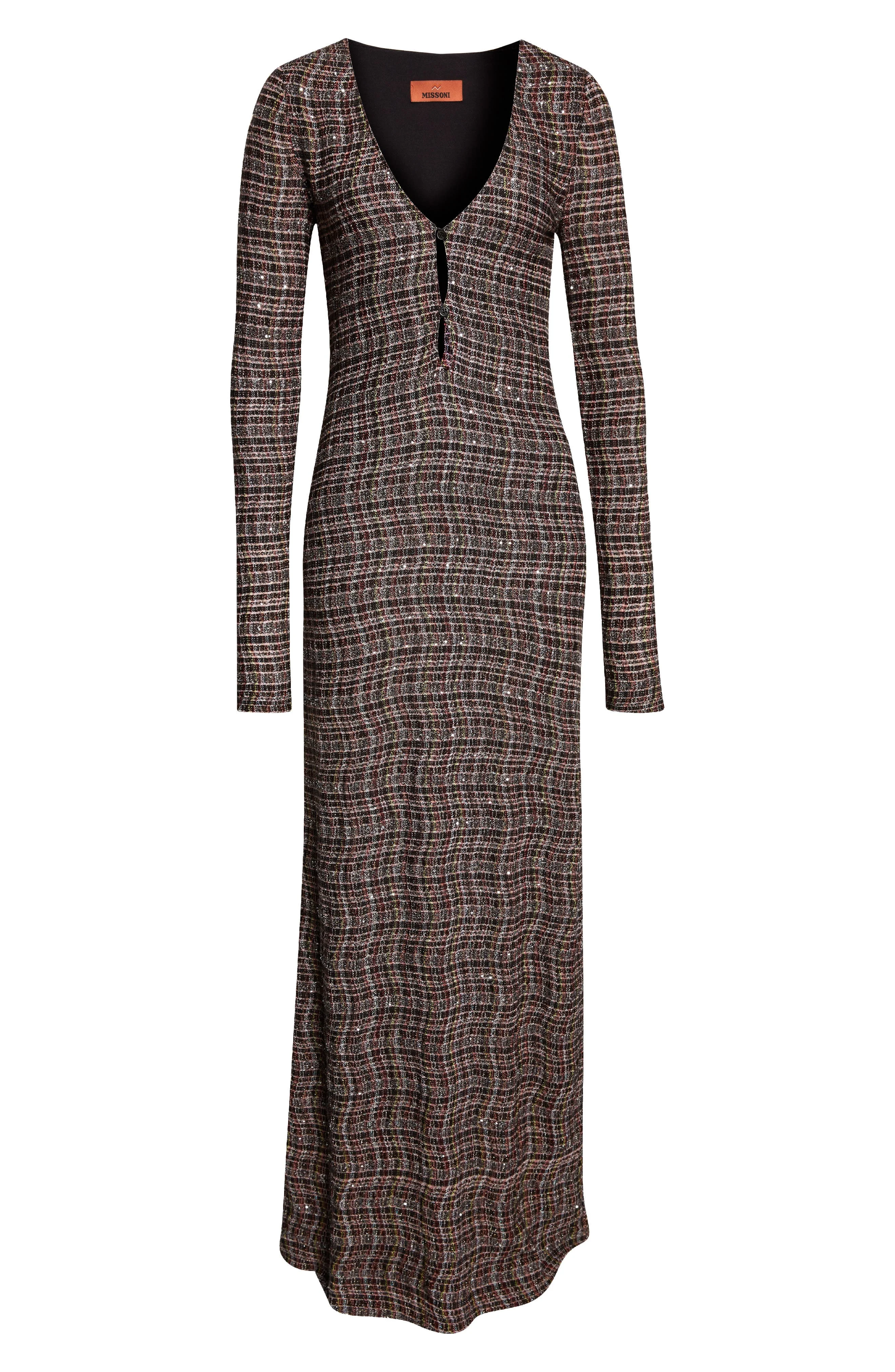 Missoni Long Sleeve Sequin Check Wool Blend Dress in Pink And Brown Tones at Nordstrom - 1