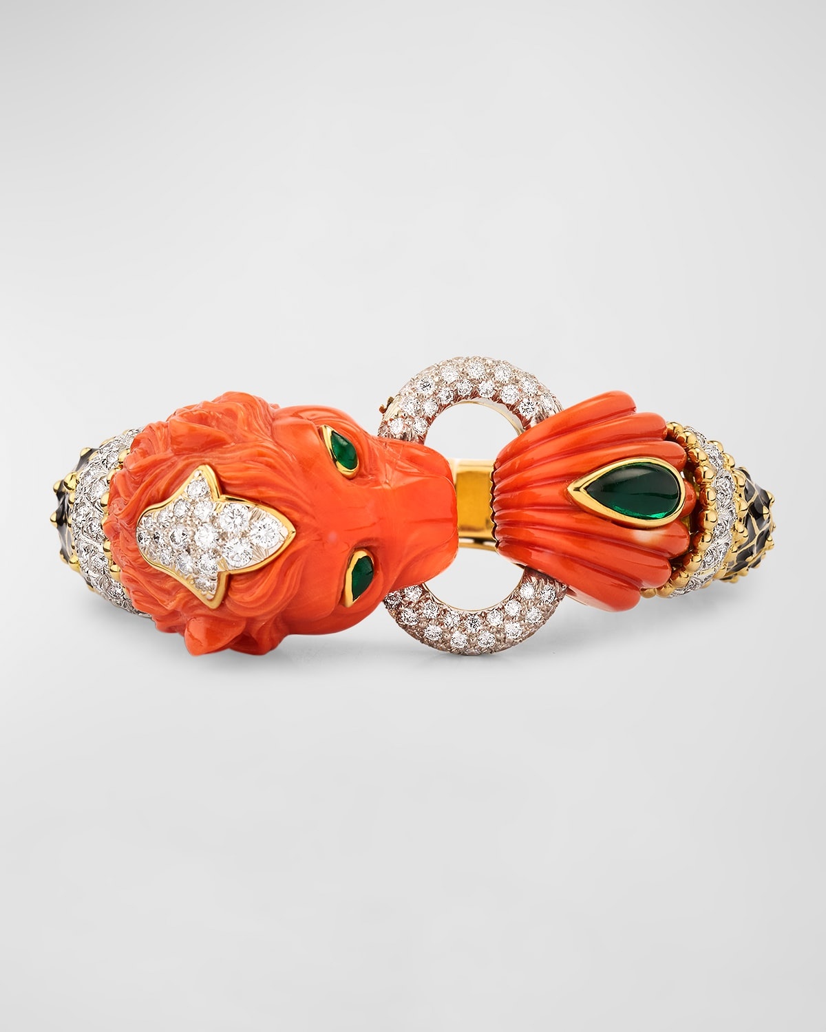 18K Yellow Gold and Platinum Lion Bracelet with Coral, Emerald and Diamonds - 6