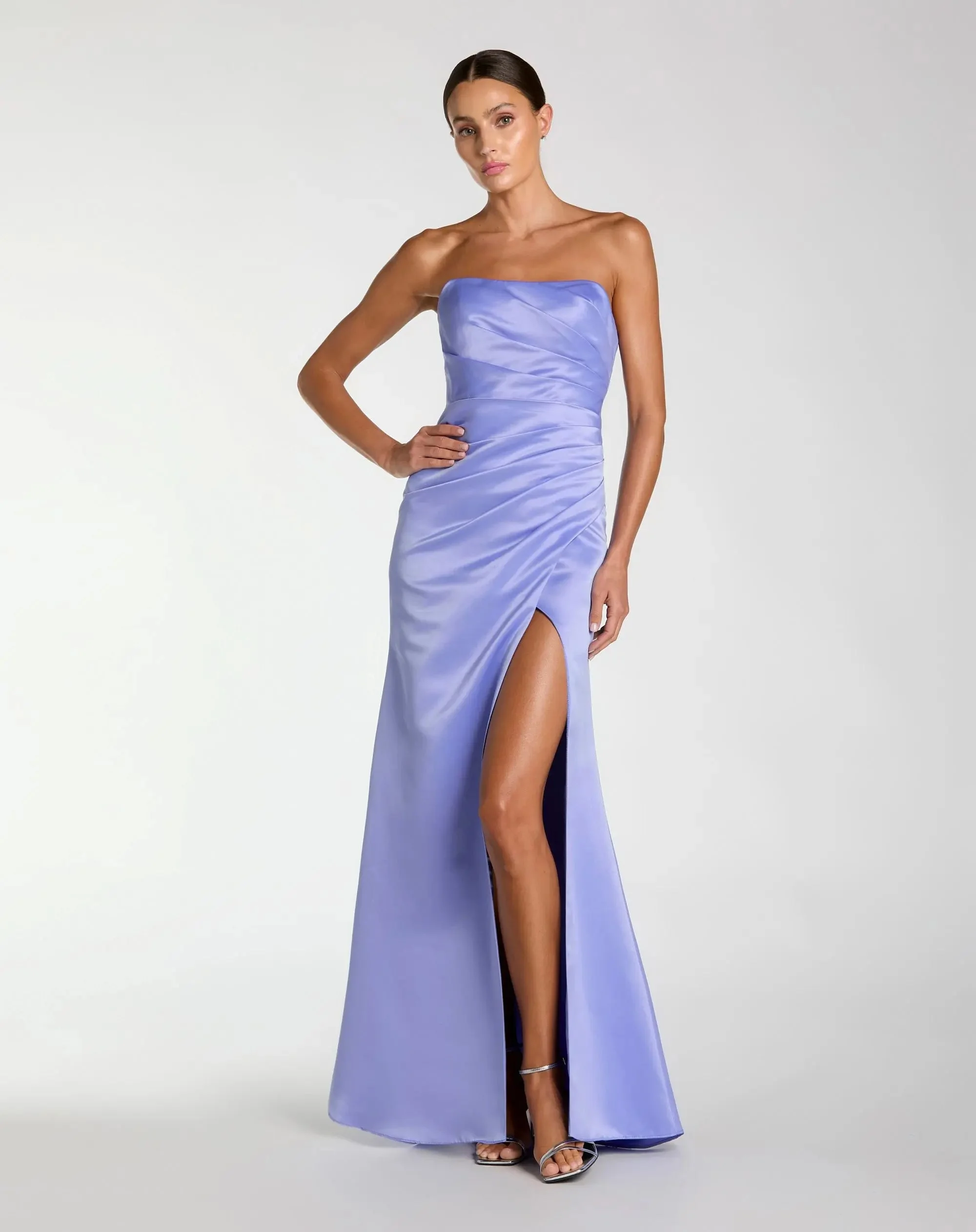 Periwinkle Strapless Satin Gown With Slit - 1