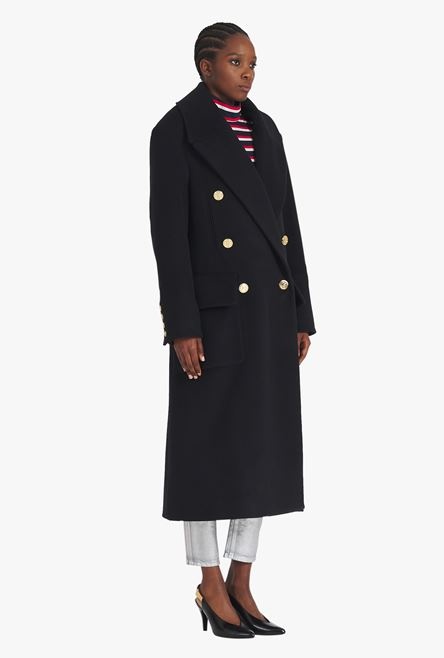 Long black wool coat with double-breasted gold-tone buttoned fastening - 7
