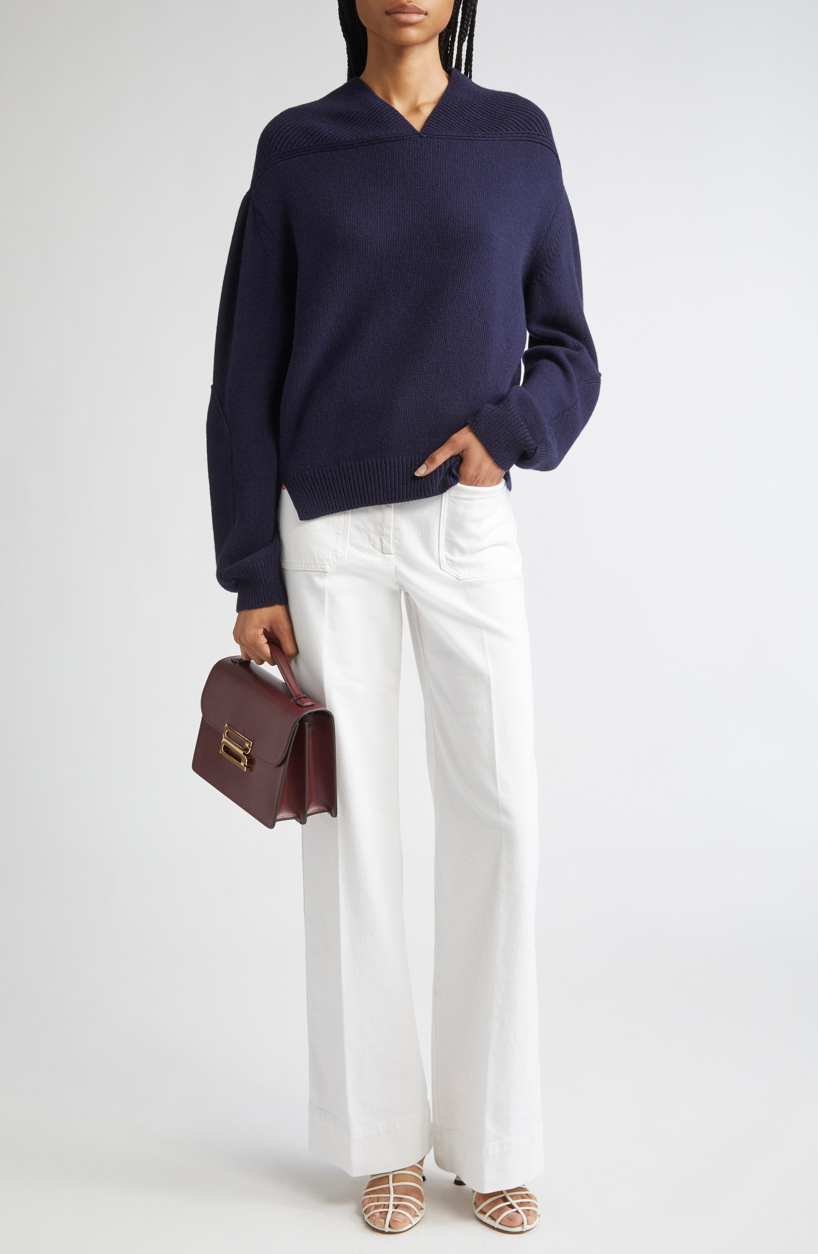 Victoria Beckham V-Neck Yoke Detail Merino Wool & Cashmere Sweater in Navy at Nordstrom - 2
