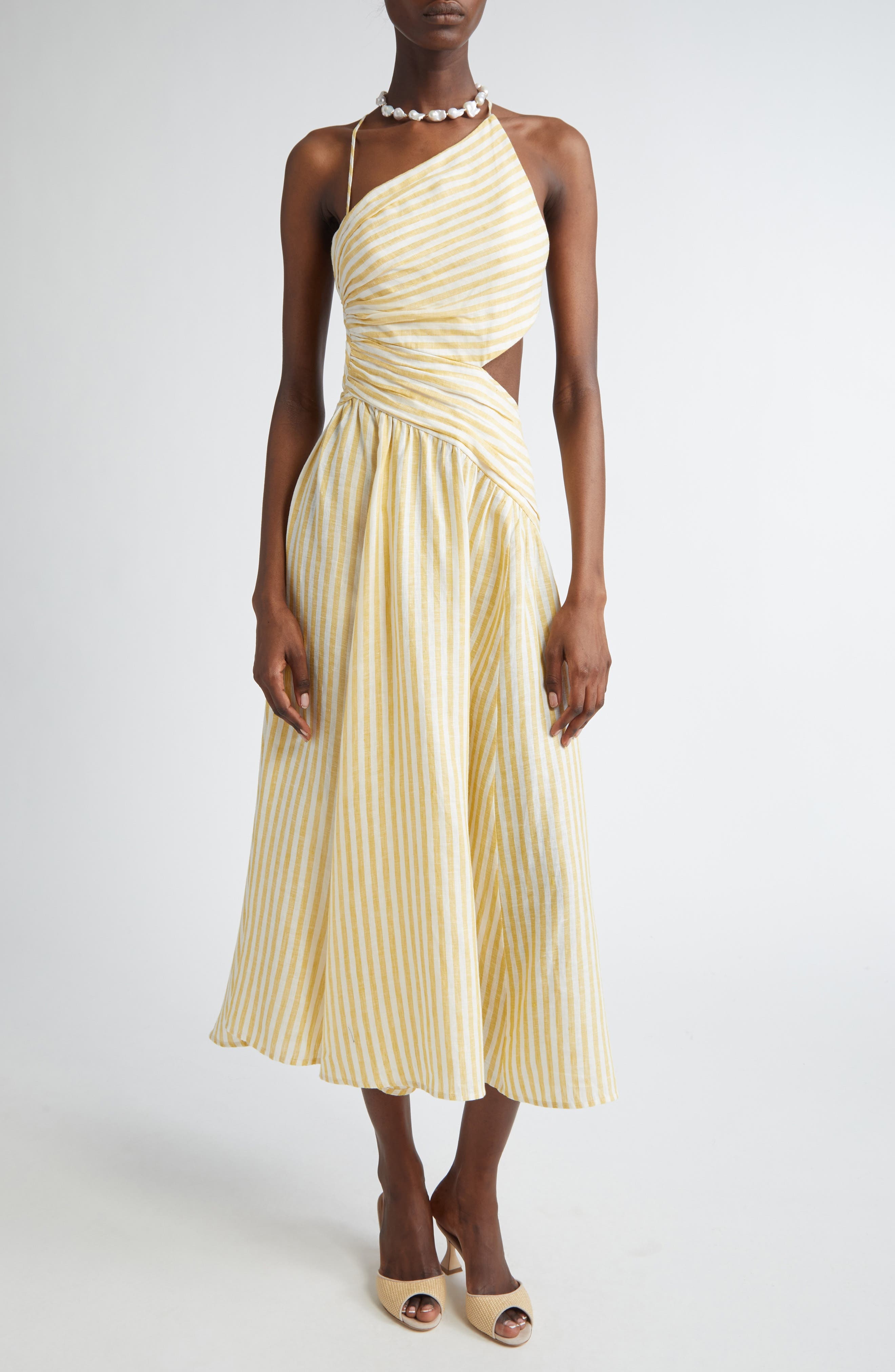 Zimmermann Cascadian Stripe Cutout Asymmetric Linen Dress in Yellow Stripe at Nordstrom - 1