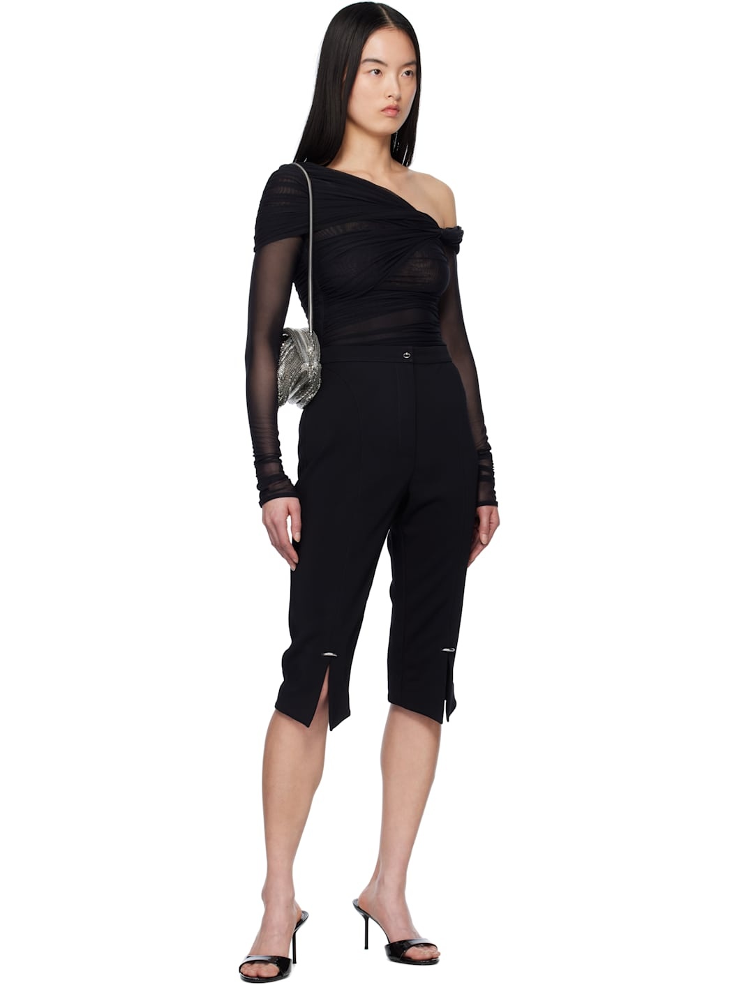 Black Off-Shoulder Ruched Bodysuit - 5