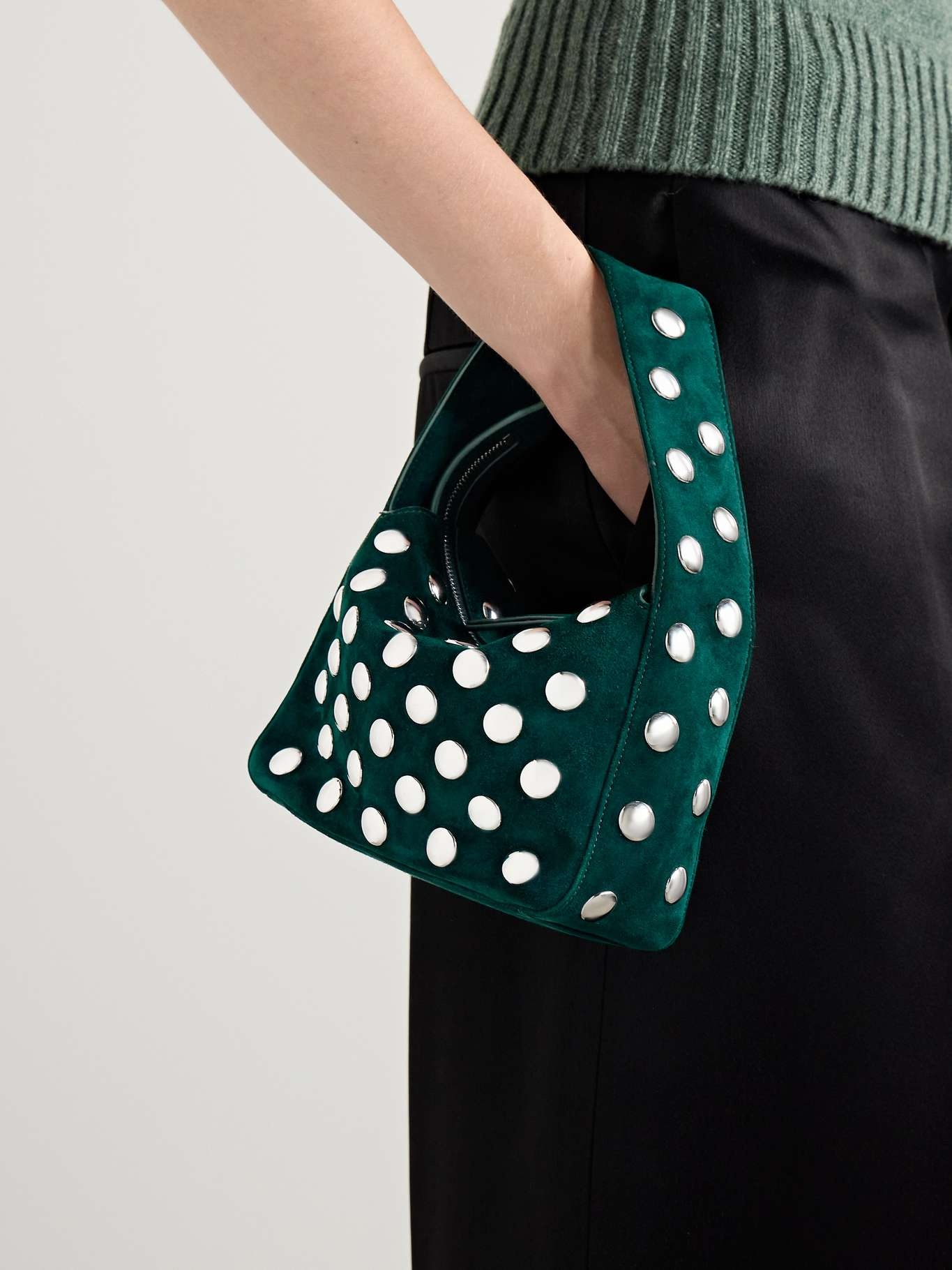 Elena small studded suede shoulder bag Dark green - 2