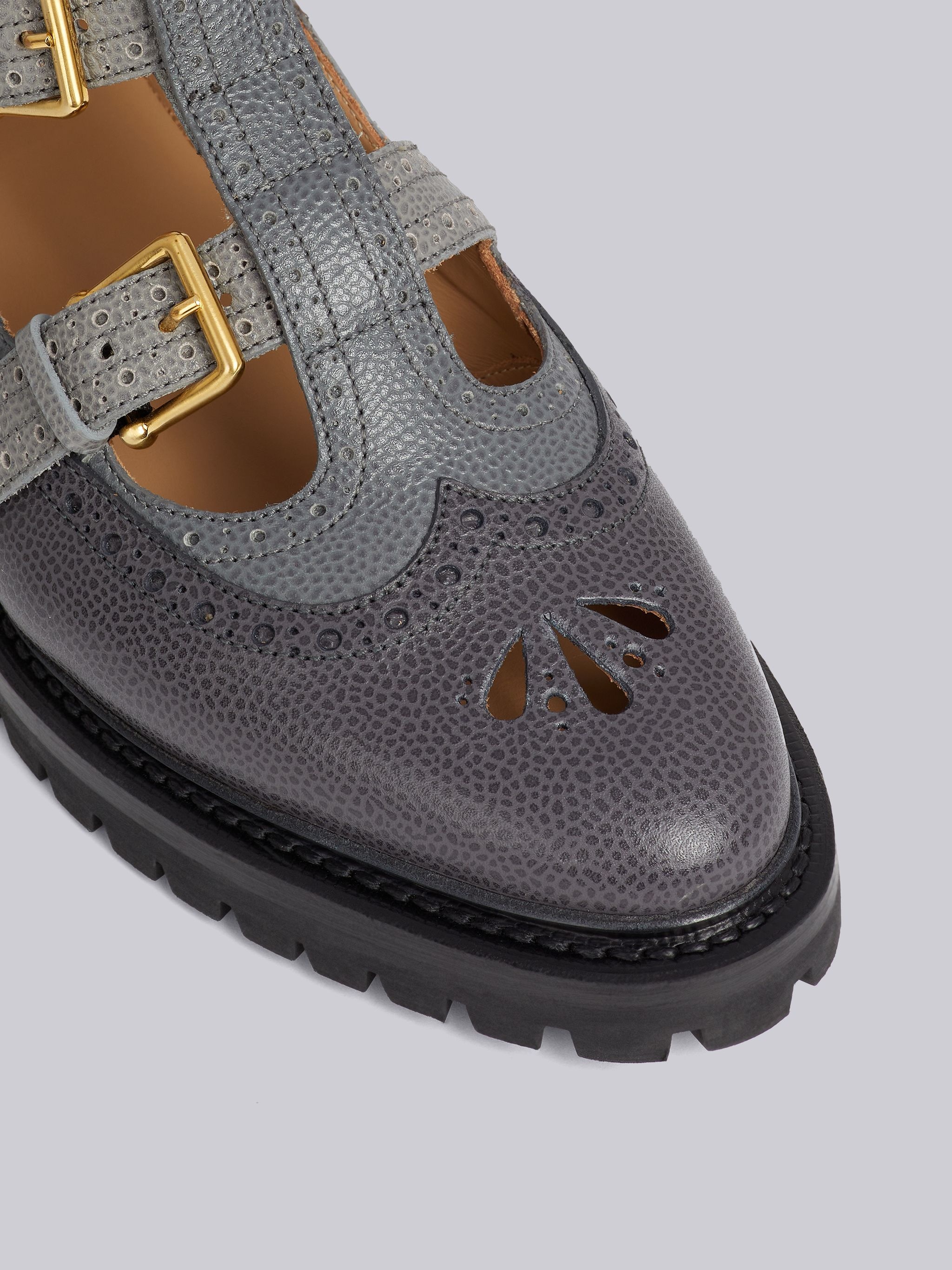 Charcoal Pebble Grain Leather Commando Sole 2-strap Brass Buckle Thom John - 2