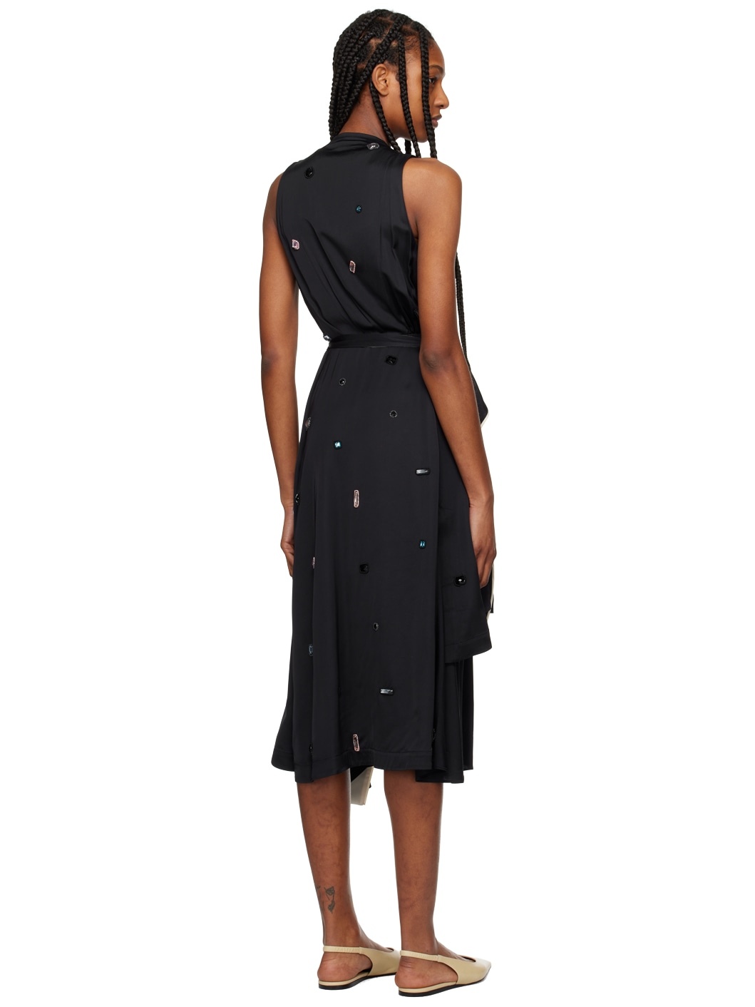 Black Draped Cascade Midi Dress - 3
