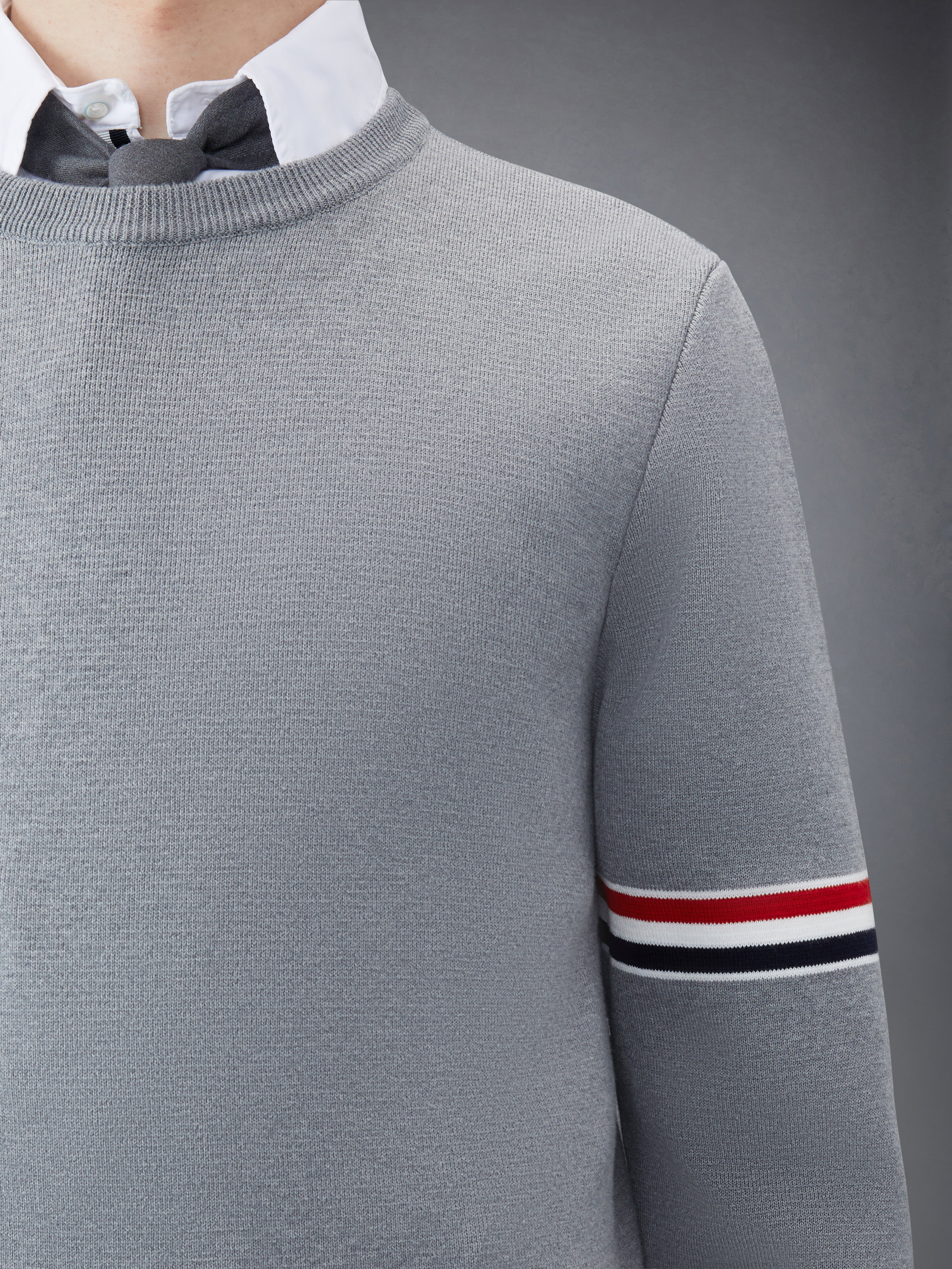 Light Grey Cotton Milano Stitch Stripe Armband Crewneck Pullover - 6