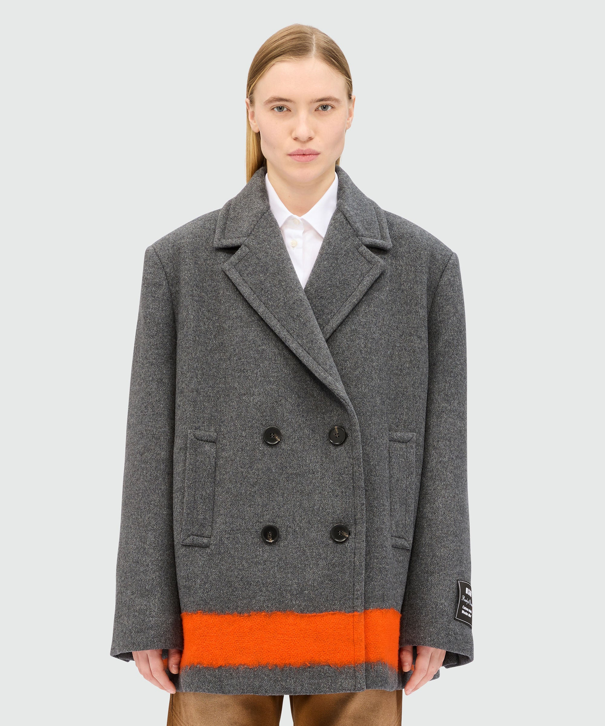 Anthracite double-breasted coat in wool cloth with contrasting band - 2