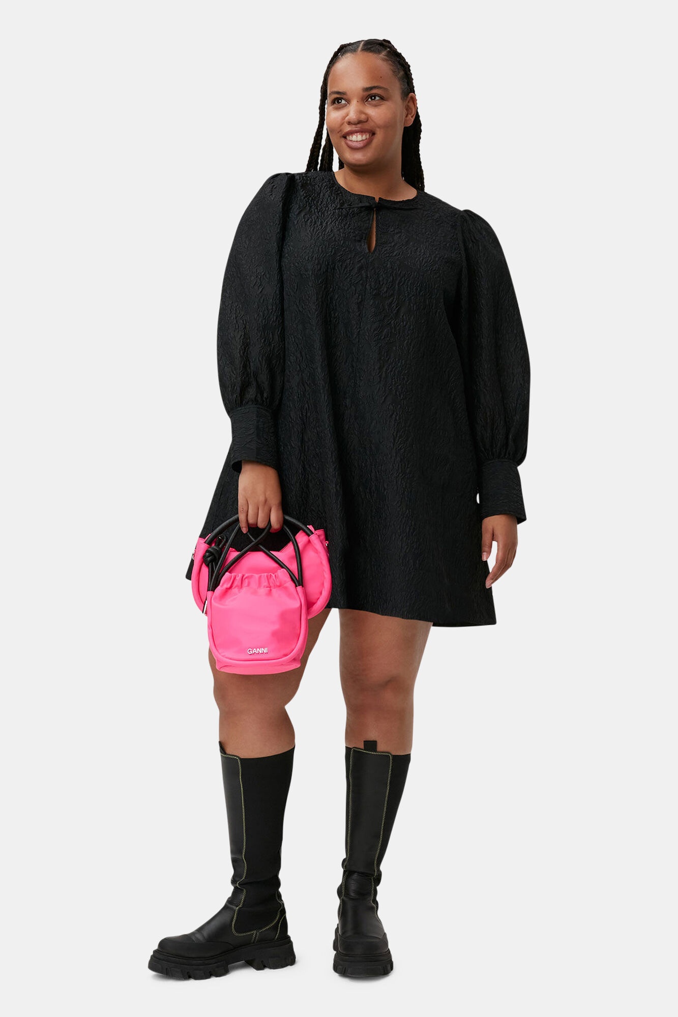 BLACK JACQUARD ORGANZA MINI DRESS - 4