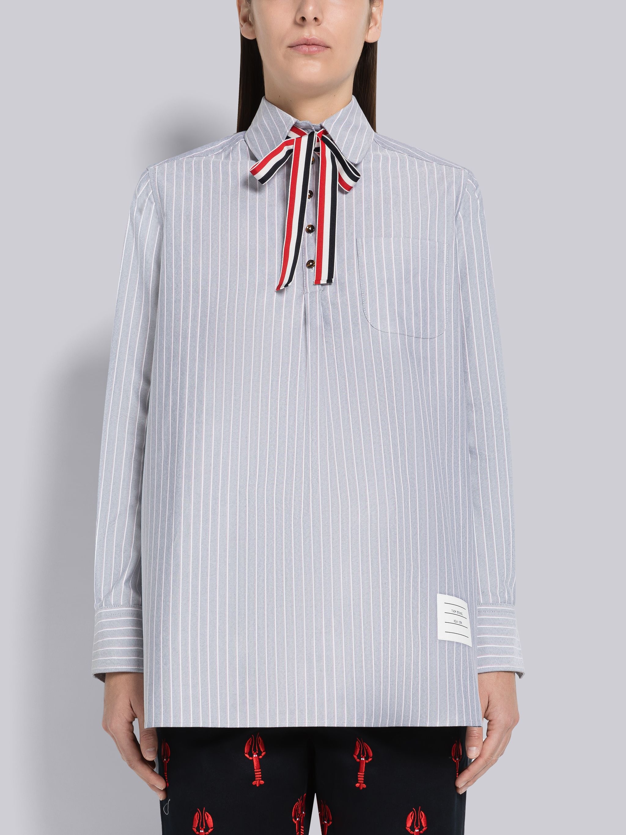 Shadow Pinstripe Oxford Bow Tie Blouson - 1