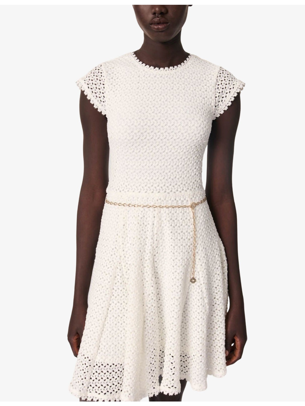 Chain-Belt Short-Sleeve Crochet Knitted Mini Dress - 3