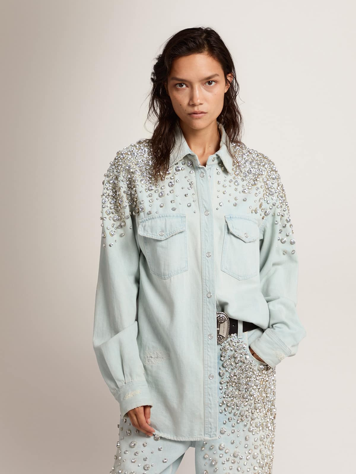 Women's bleached boyfriend shirt with cabochon crystals - 2
