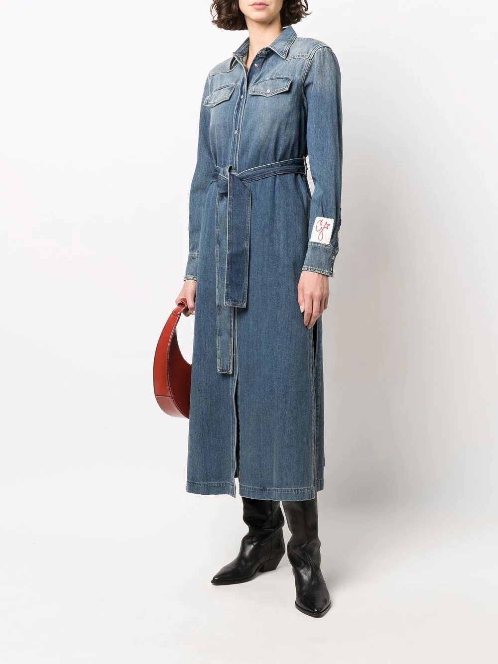 logo-patch long-sleeve denim dress - 2
