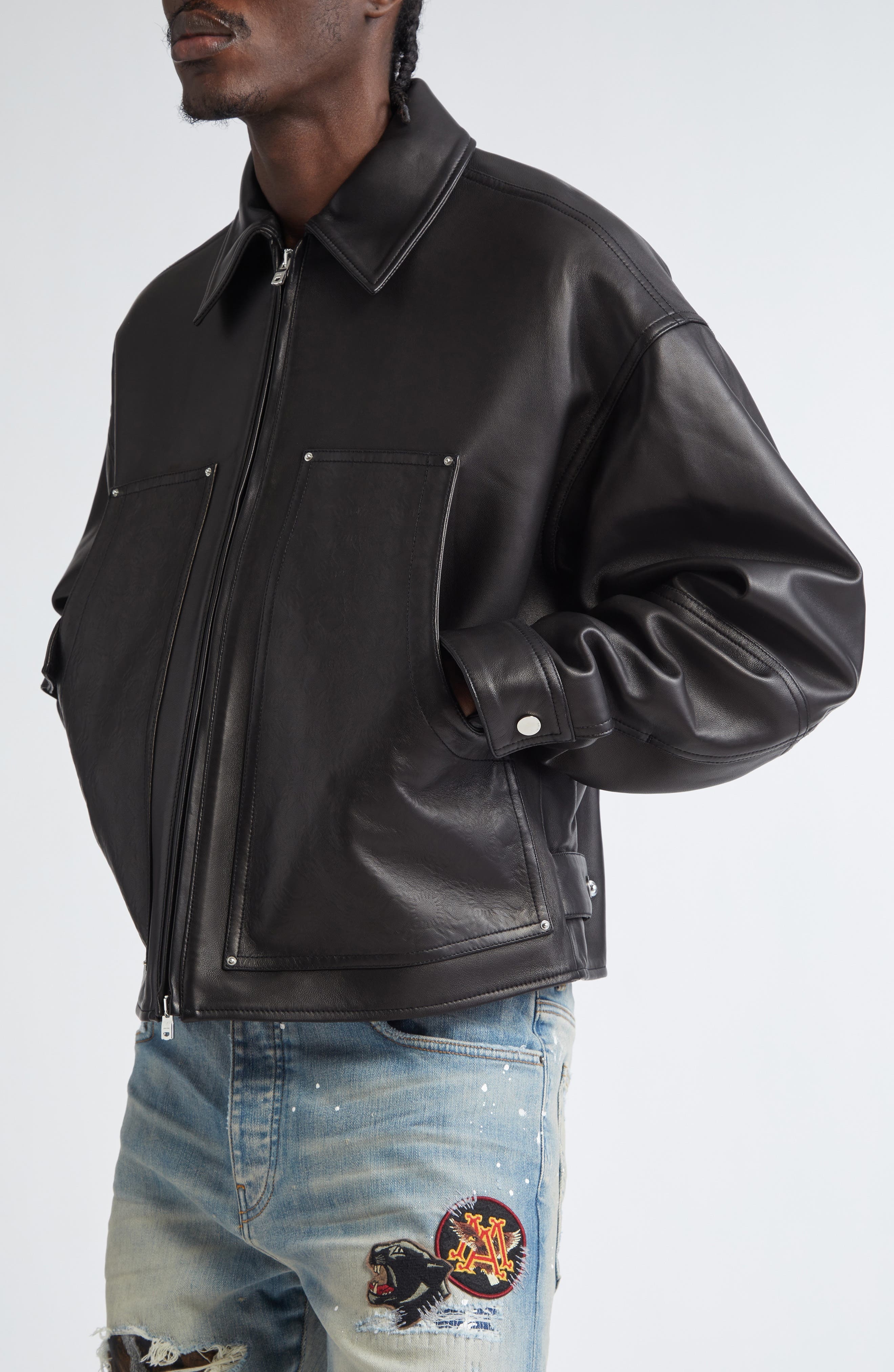 AMIRI MA Quad Embossed Leather Work Jacket in Black at Nordstrom - 5
